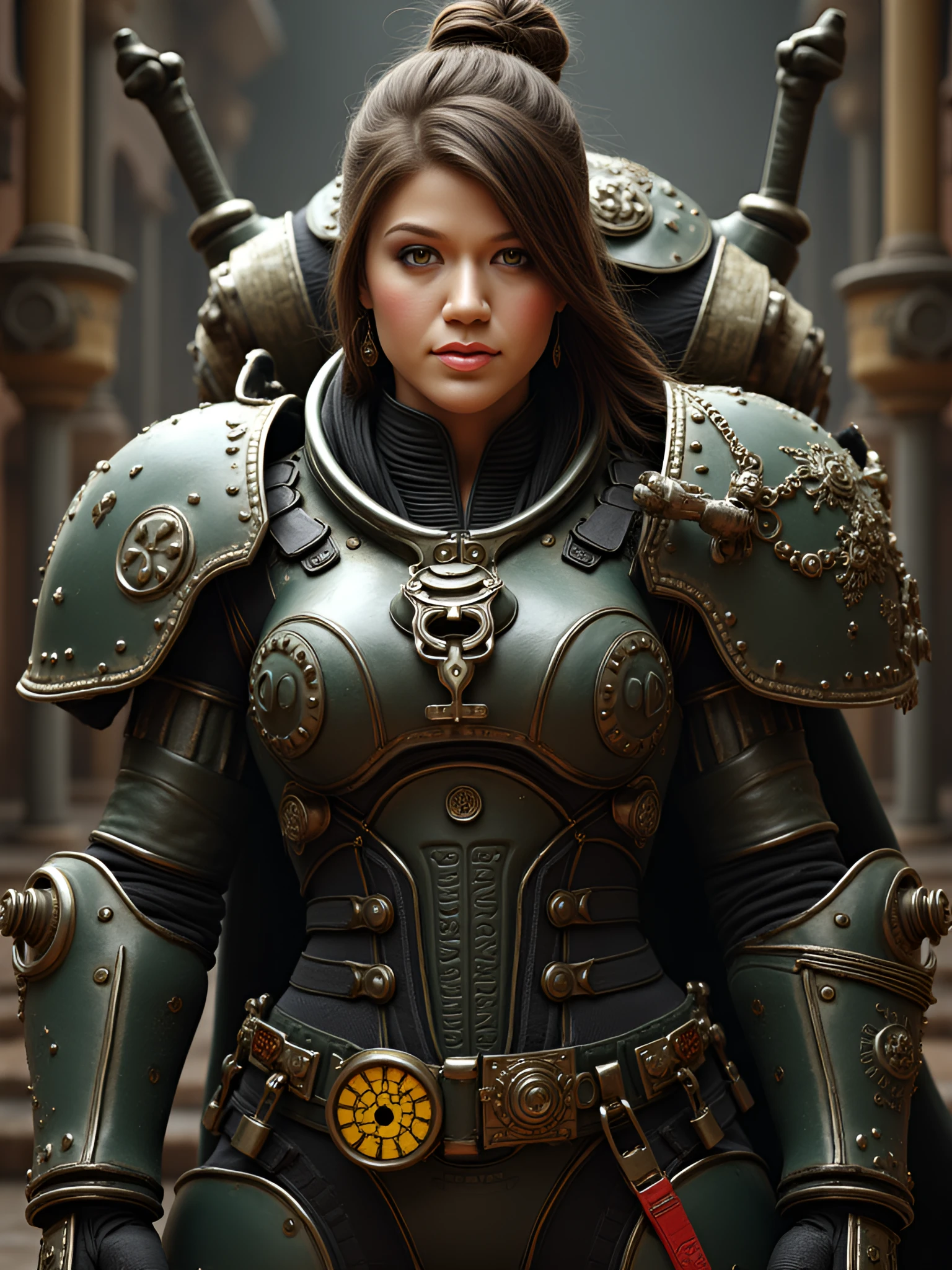 photorealistic portrait of a pretty steampunk space marine