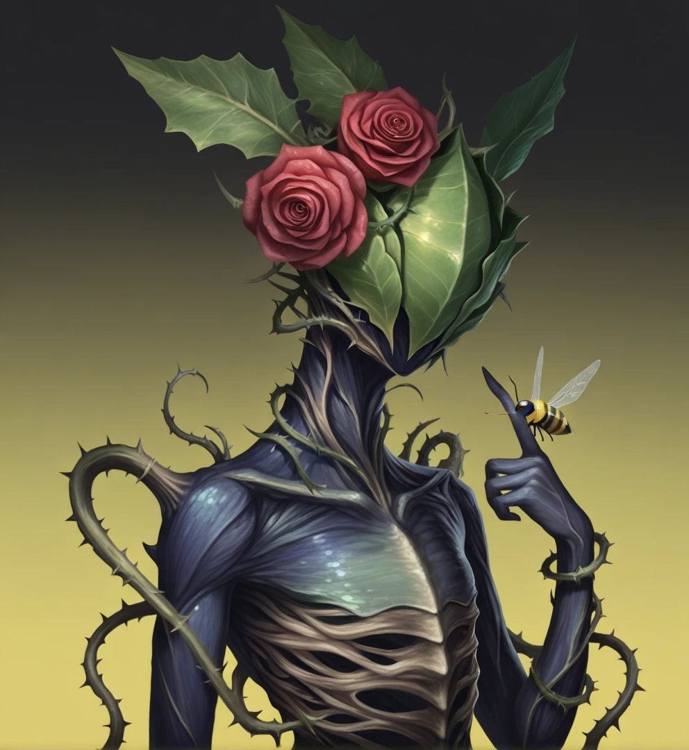 masterpiece, best quality, realistic, solo, 1other, <lora:StellarisPortrait:1> st portrait, st plantoid, upper body, looking at viewer, plant, leaf, faceless, flower head, rose, thorns, bee on finger, gradient background, simple background,