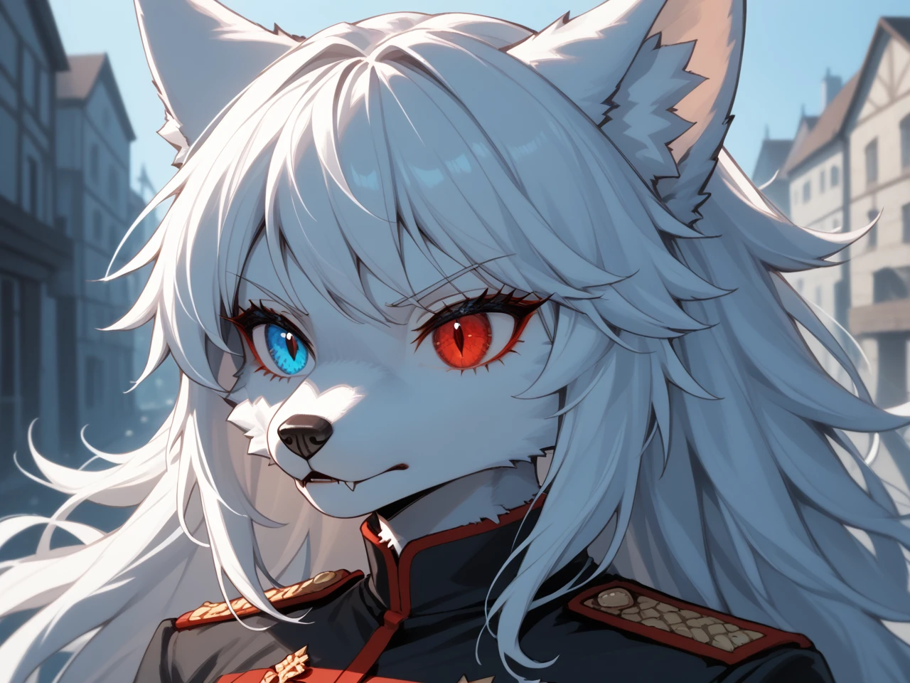 (masterpiece), best quality, expressive eyes, perfect face, anime, (1girl, (wolf girl, vampire, furry female wolf, furry female), (white hair, sideswept bangs, white fur)), ((heterochromia, right blue eye, left red eye)), (military uniform, knight), serious, (town), symphtia-style, fine details, clothing textures, depth of field, dim lighting, high quality, thick outlines