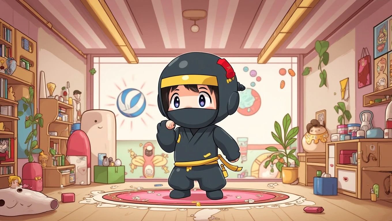 Supperfl illustration art of a cute ninja in a toy room