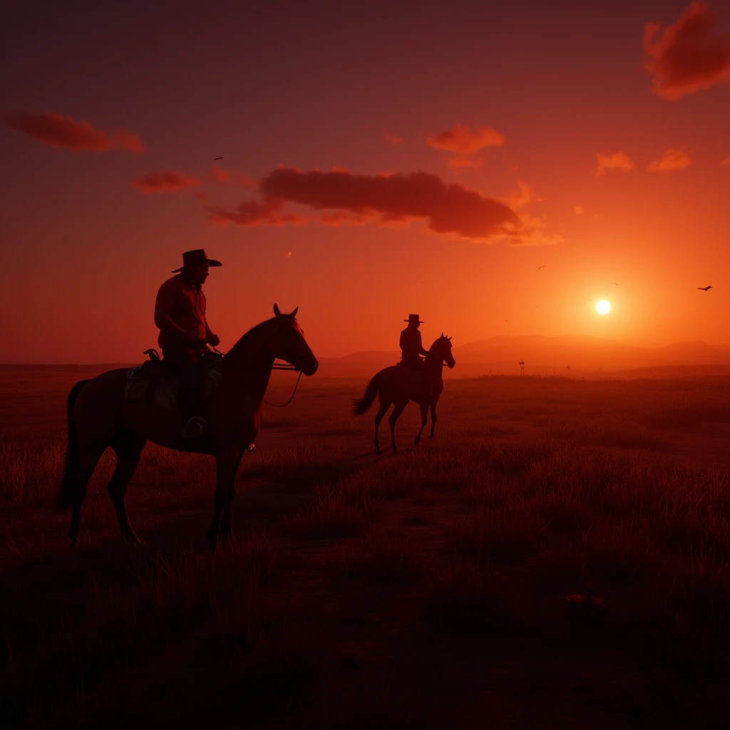 cinematic film still of <lora:Red Dead Redemption style v1:0.9>
a man riding a horse in a field at sunset, solo, 1boy, hat, male focus, outdoors, sky, from side, bird, animal, moon, grass, scenery, 1other, sunset, sun, silhouette, riding, horse, orange sky, horseback riding, red sky, epic, Western, adventures, outlaw, Red Dead, Western United States, wild west, cowboy, cowgirl, Open world, 1900's, realistic, cinematic, film look, dramatic light, partially covered in shadows, gang, Western-themed action-adventure, Red Dead Redemption style, field, shallow depth of field, vignette, highly detailed, high budget, bokeh, cinemascope, moody, epic, gorgeous, film grain, grainy