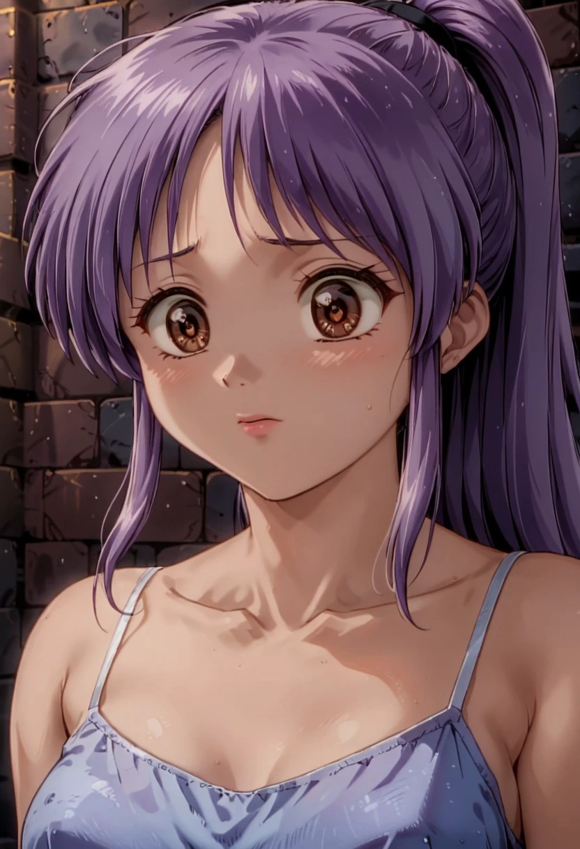 close-up, depth of field, alone, 1 girl, alone, brown eyes, detailed pupils, long hair, purple hair, ponytail, medium breasts, worried, blue dress, long dress, white camisole, worn clothes, indoors, dungeon, low light, brick walls