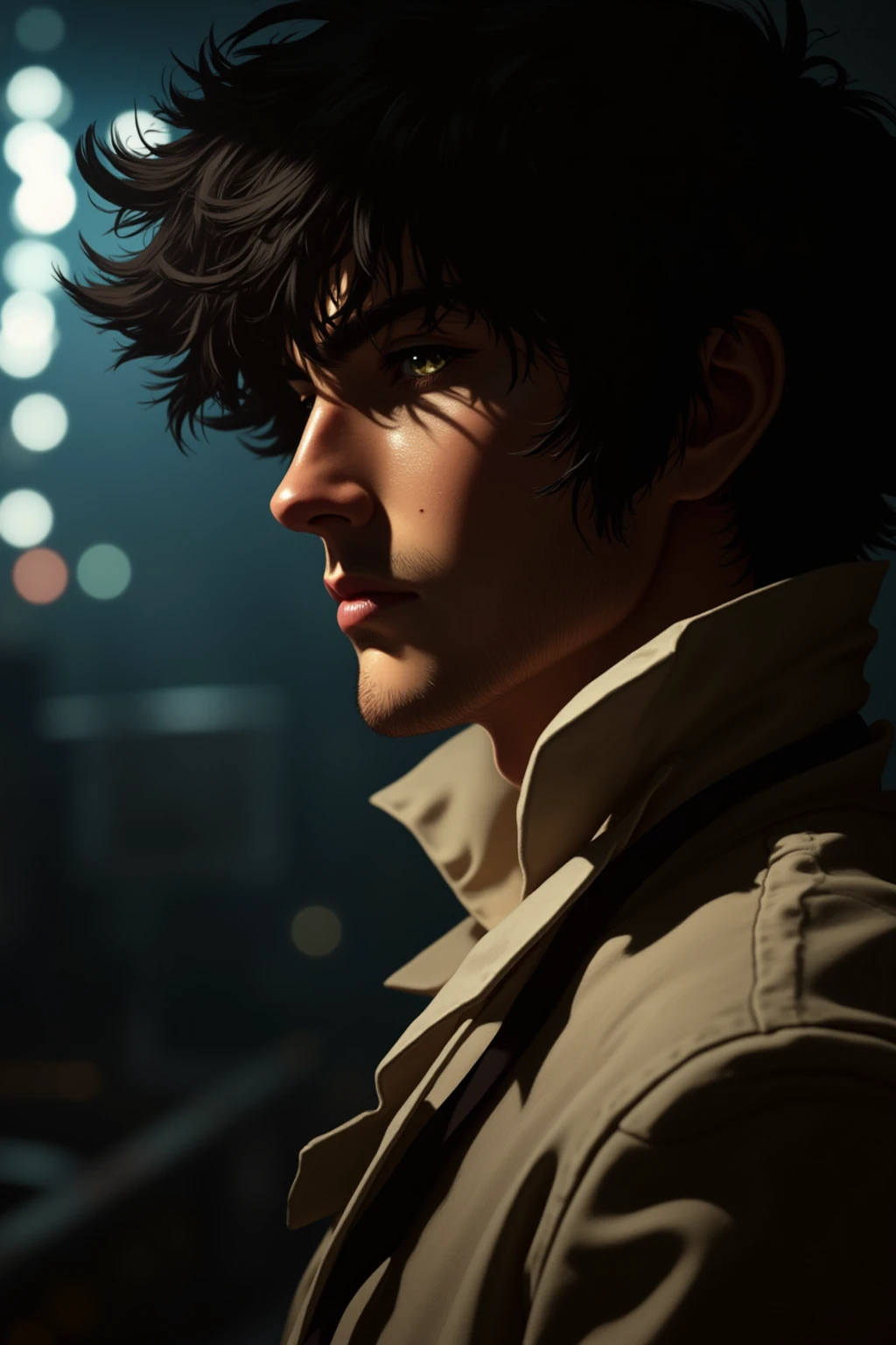 Spike,On the roof of the abandoned factory,cowboy bebop style.(light on face:1.8), black hair, Style portrait photography masterpiece, master composition,cinematic sense, character sense, personalized perspective, emotional atmosphere, emphasizing contrast and contrast of light and shadow, fusion of light and shadow, blurred edges, highlighting visual impact, dynamic blur, dynamic aesthetics, background blurring neon lights, telephoto, dragging, sense of scene, first person perspective, film grain texture, minimalist style, surrealism, rich picture content, vivid and perfect details, masterpiece