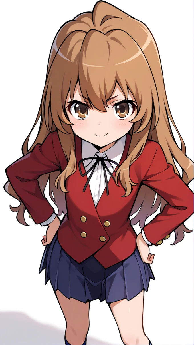 masterpiece,best quality,high resolution,absurdres,aisaka taiga,solo,1girl,long hair,oohashi high school uniform,brown hair,hands on own hips,school uniform,red jacket,white background,jacket,neck ribbon,skirt,simple background,black ribbon,buttons,looking at viewer,shirt,white shirt,ribbon,blue skirt,smile,long sleeves,blazer,closed mouth,double-breasted,collared shirt,hair between eyes,pleated skirt,very long hair,full body,<lora:aisaka_illustrious_0001:0.8>,