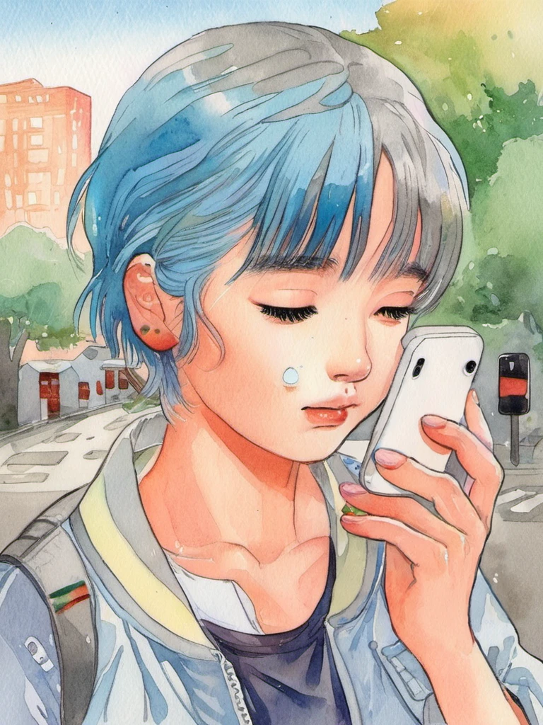 water color,1girl,one eye closed,bangs,Double hair color,blue hair,gray hair,multicolored hair,solo,traditional media,phone,holding,jacket,shirt,two-tone hair,both hands,band-aid,white shirt,watercolor,texture,