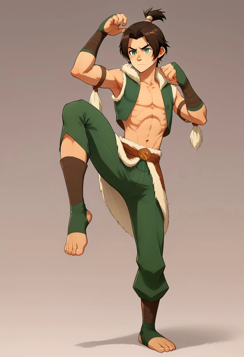 score_9, score_8_up, score_7_up, charturnerv2, high detail, ultra detail, extreme detail, ultra detail, 8k, masterpiece, full body, negative_hand, Ox, brown hair, bangs, short ponytail, green eyes, green vest with fur trim, abs, pectorals, green chinese pants, cream colored fur waist coat, stir-up leg wear, toeless footwear, stern expression, detailed hands, anatomically correct hands, five fingers, detailed feet, anatomically correct feet, human feet, five toes, solo, alone, 1boy, male focus, shorter male, younge face, younger male, earth bender, levitating rocks, rocky planes background, teep fighting stance, martial arts
