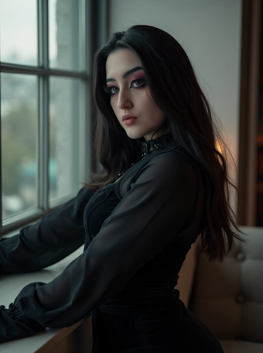portrait of ch4rl0tt3g3rm4n woman, posing on a office, glass window, serene and warm, natural lighting, soft focus, high-resolution, elegant and introspective atmosphere, quiet sophistication, wearing a gothic outfit, slight smile, makeup