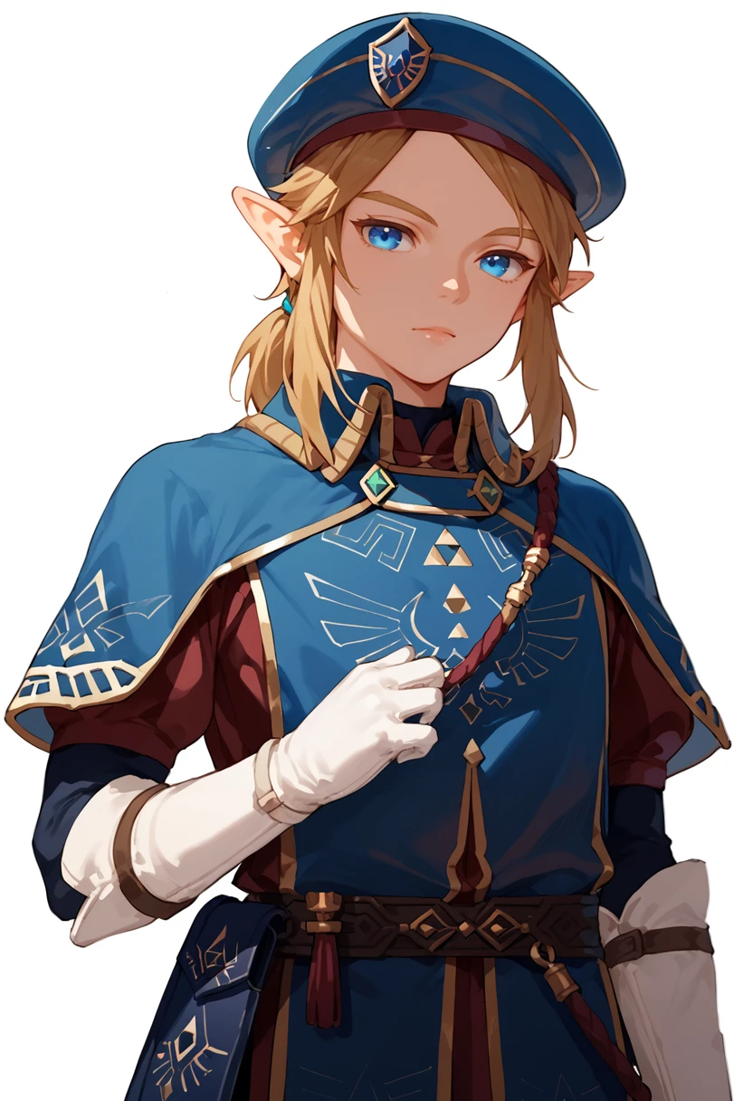 score_9, score_8_up, score_7_up, score_6_up, score_5_up, score_4_up, source_anime,

link, royal_guard, 1boy, solo, femboy, pointy ears, white gloves, blue eyes,  hat, bangs, sidelocks, uniform