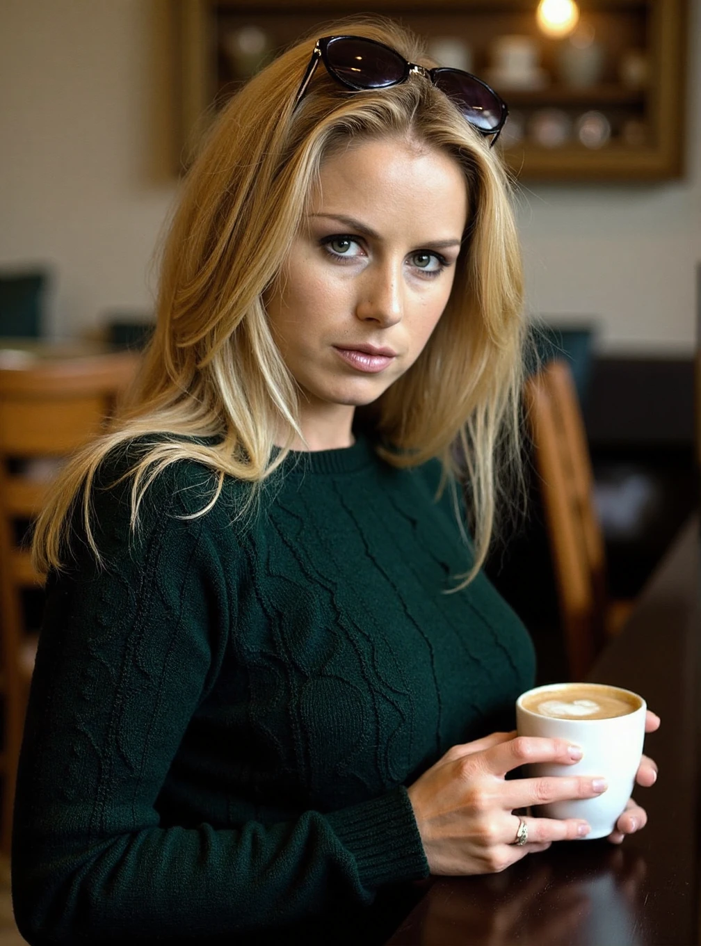 A professional photograph of a young woman Adele_Stephens wearing a dark green cableknit sweater in a cafe, holding a latte, blonde hair, detailed skin, bokeh, female focus, SFW <lora:Adele_Stephens_r1:1>