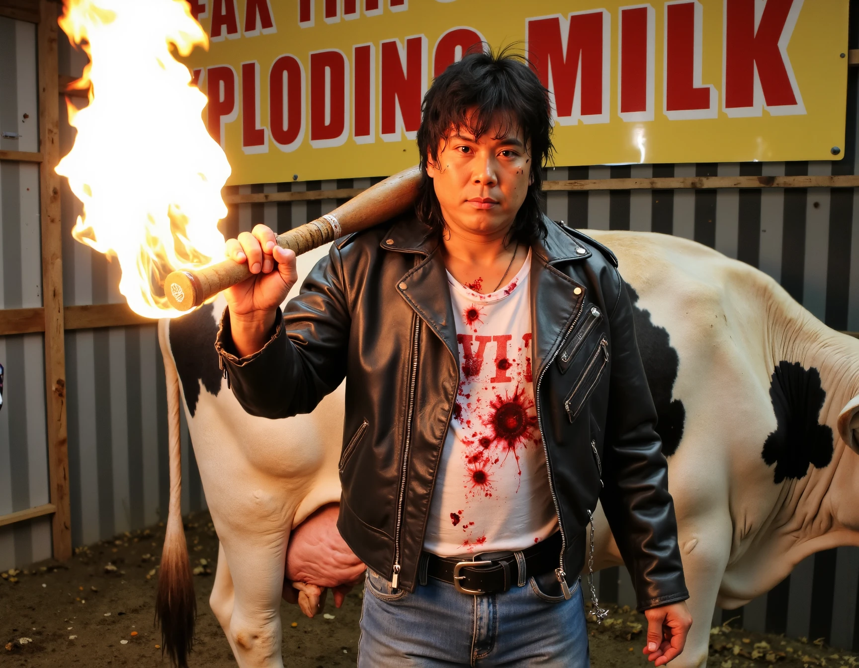 rotting infection of sickly, Clearly Atsushi Onita wearing a leather jacket over a t-shirt and jeans with a wet mullet, is enjoying his new career as cow milker, and Atsushi Onita with a barbed wire flaming baseball bat has mastered milking. In the back there is a big sign that says "FMW EXPLODING MILK". Highly detailed. gelatinous jaundiced goo lightly swirled with blood, asymmetrical discoloration, scabbing, flaking, lesions, Pus, tearing, worn, grime,