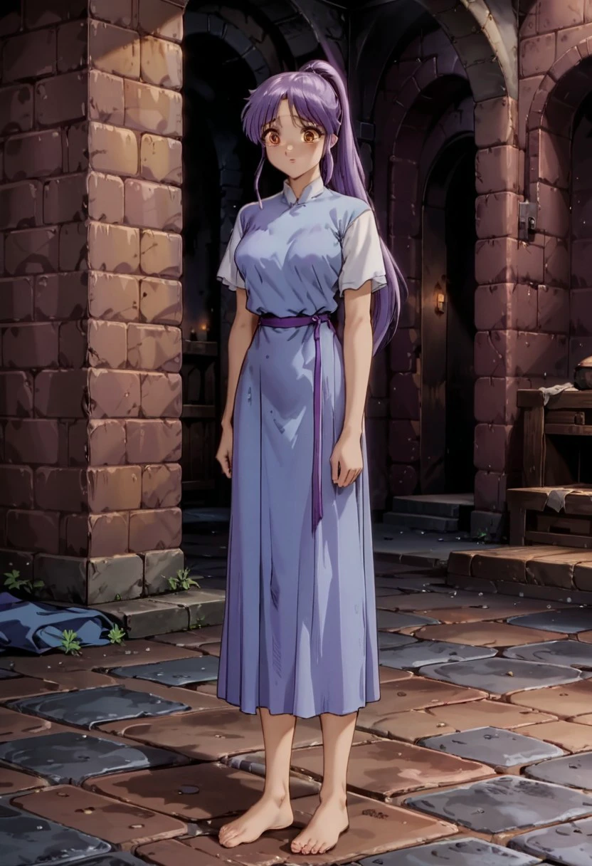 1 girl, alone, brown eyes, detailed pupils, long hair, purple hair, ponytail, medium breasts, worried, blue dress, long dress, white shirt, worn clothes, old clothes, barefoot, full body, indoors, old dungeon, low light, brick walls