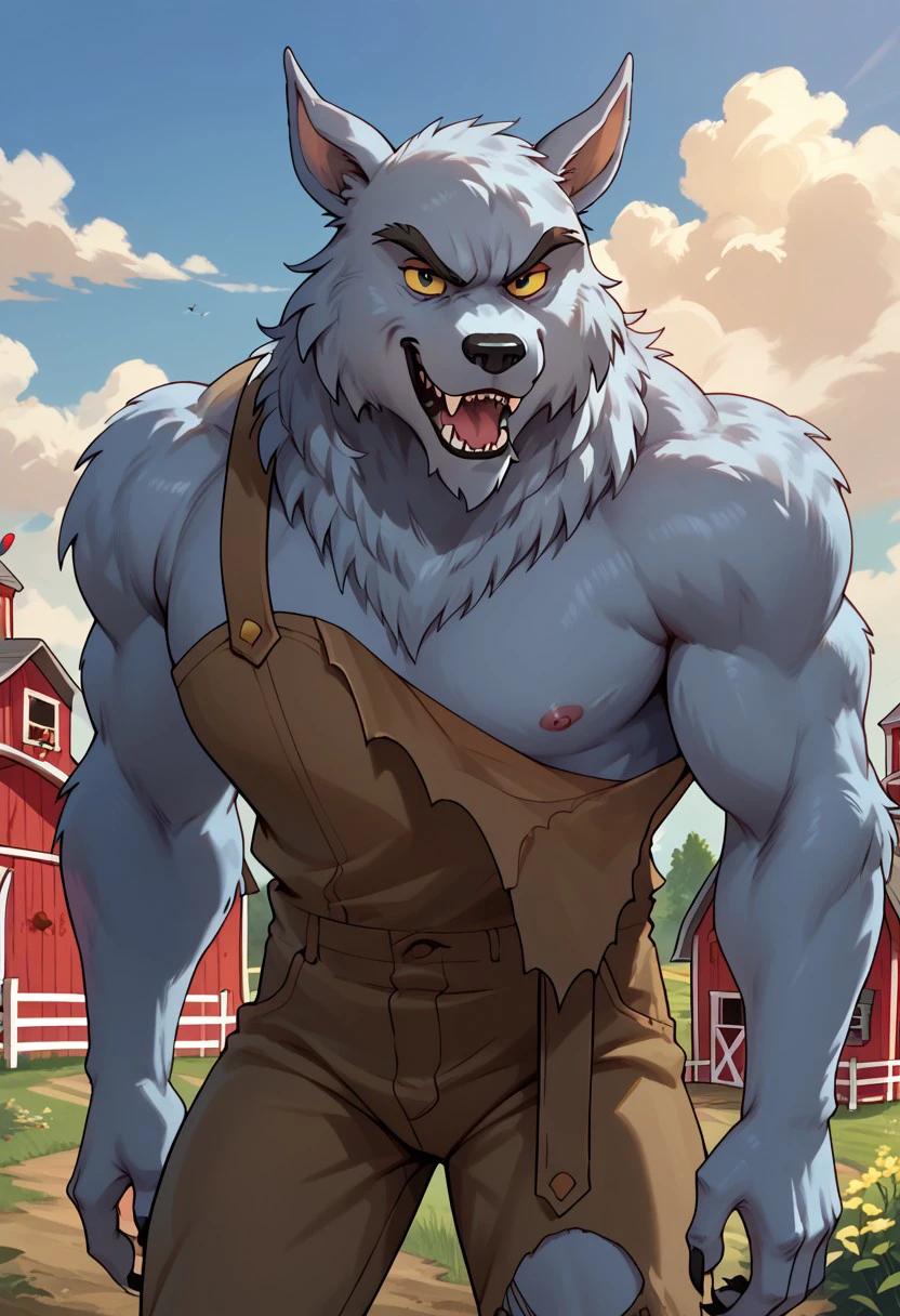 score_9, score_8_up, score_7_up, wolfbouncer, werewolf, yellow sclera, black eyes, standing outside, day, farm setting, haystack, torn brown overalls, naughty face, hi res, detailed eyes, eyes focus, perfect eyes, best artwork, highly detailed