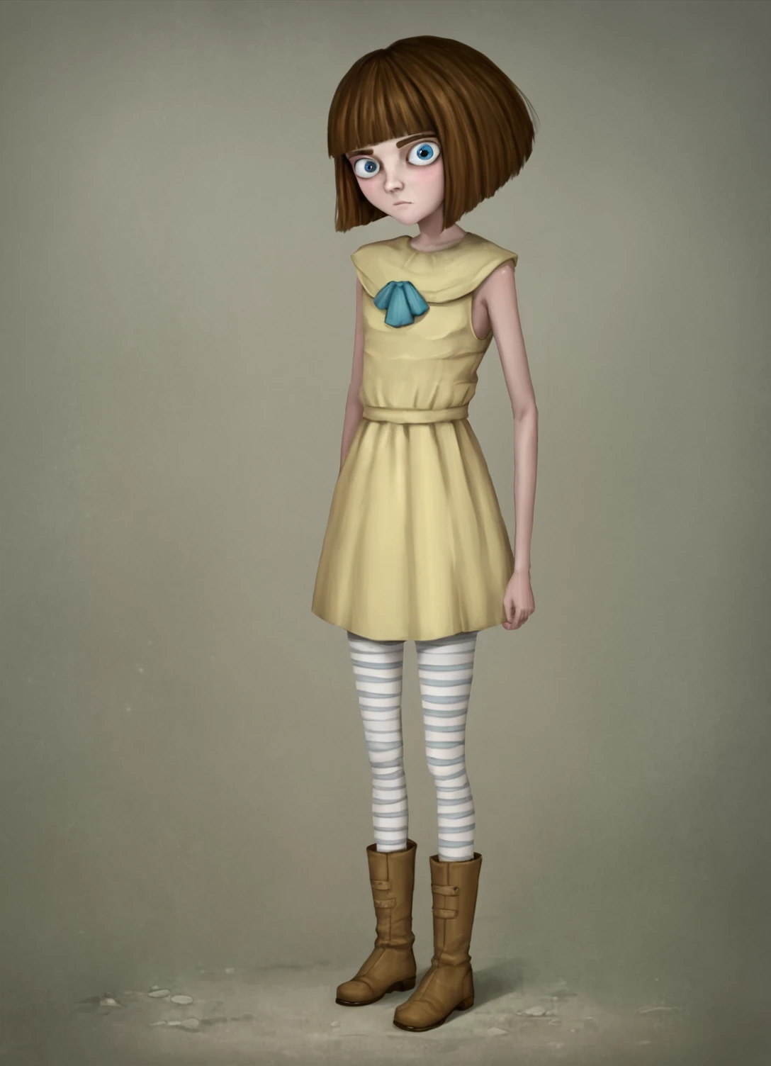 zPDXL3,<lora:FranBow_Pony:1>,franbow,brown hair,human,blue eyes,black white legwear,striped tights,boots,solo,looking_at_viewer,standing,