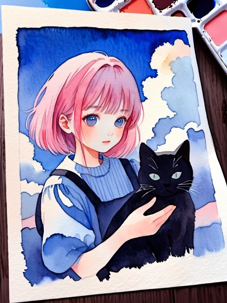 1girl,pink hair,black cat,holding,blue sky,white clouds,watercolor,texture,