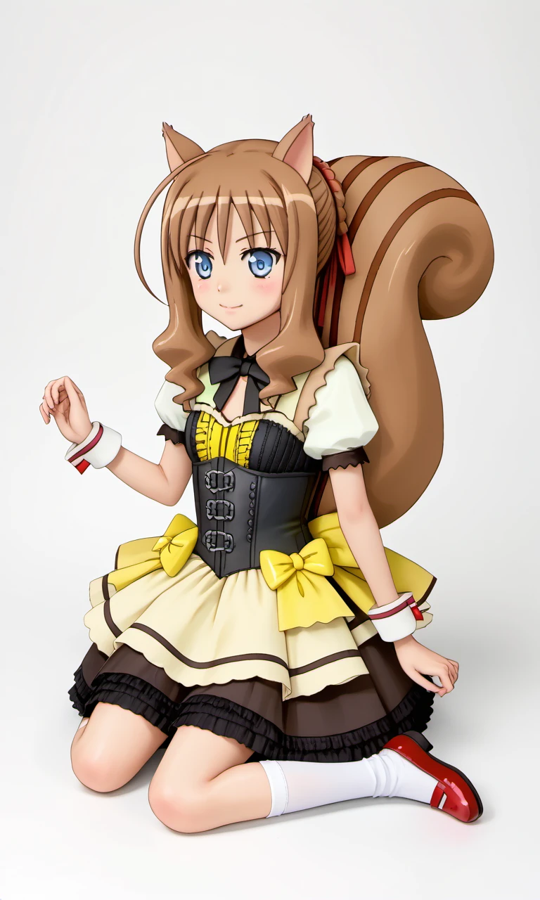full body, Kuberu, 1girl, blue eyes, brown hair, ahoge, hair ribbon, squirrel ears, squirrel tail, detached cuffs, short puffy sleeves, bow, dress, corset, black pleated skirt, white kneehighs, red shoes