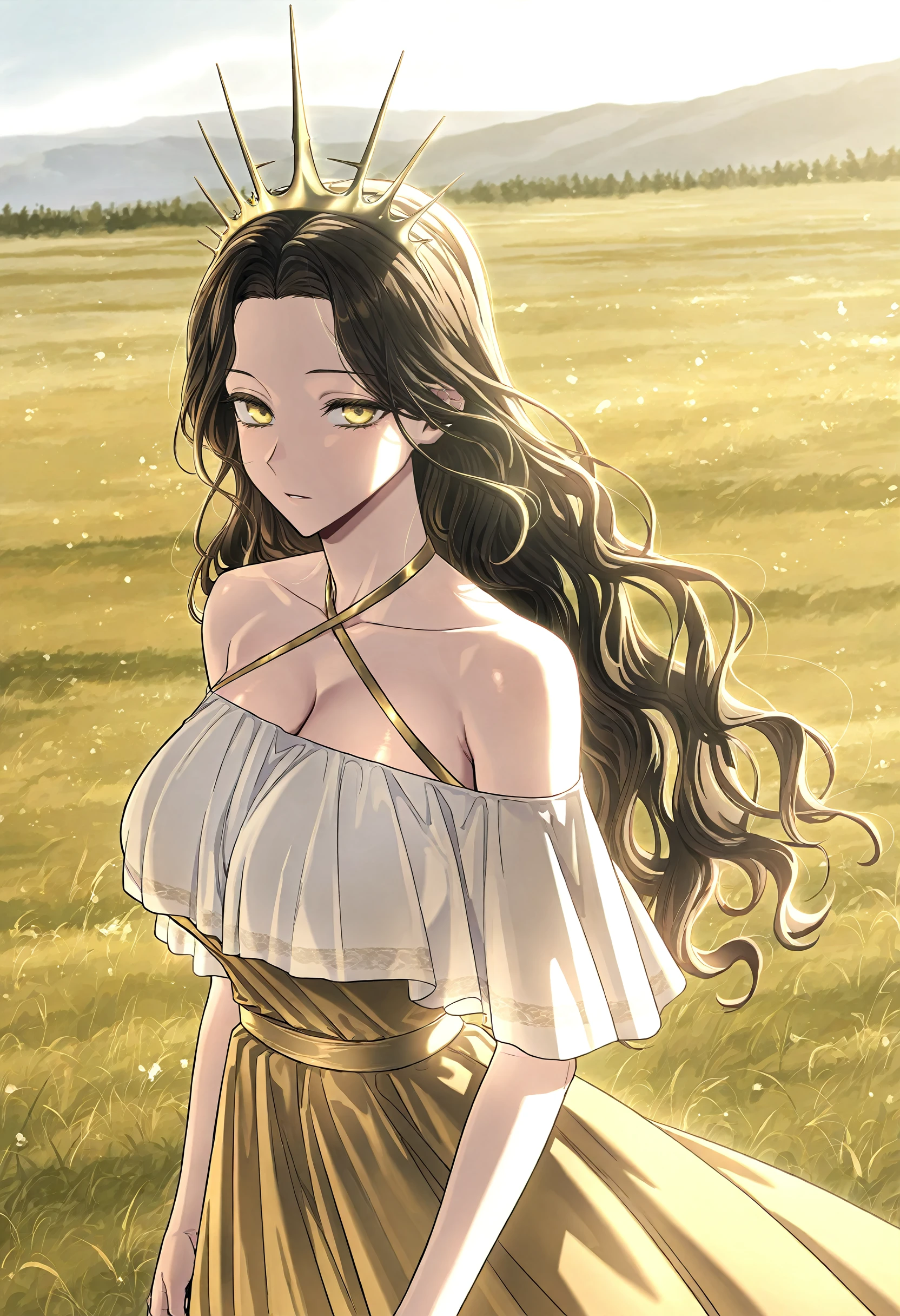 masterpiece, best quality, amazing quality, very aesthetic, absurdres, newest, scenery, 1girl, solo, huge breasts, <lora:Queen illustxl:1> long hair, yellow eyes, brown hair, black hair, wavy hair, (forehead:0.8), crown, halterneck, off-shoulder dress, yellow dress, (white curtain:0.8), yellow sash, long dress, grasslands, (outside:1.1), standing, upper body, looking at viewer, shiny skin, masterpiece, best quality, amazing quality, very aesthetic, absurdres, newest, scenery