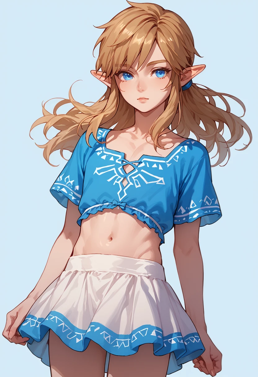 score_9, score_8_up, score_7_up, score_6_up, score_5_up, score_4_up, source_anime,
link, solo, femboy, pointy ears, blue eyes, 1boy, femboy, crossdressing, long hair, bangs, skirt, navel,