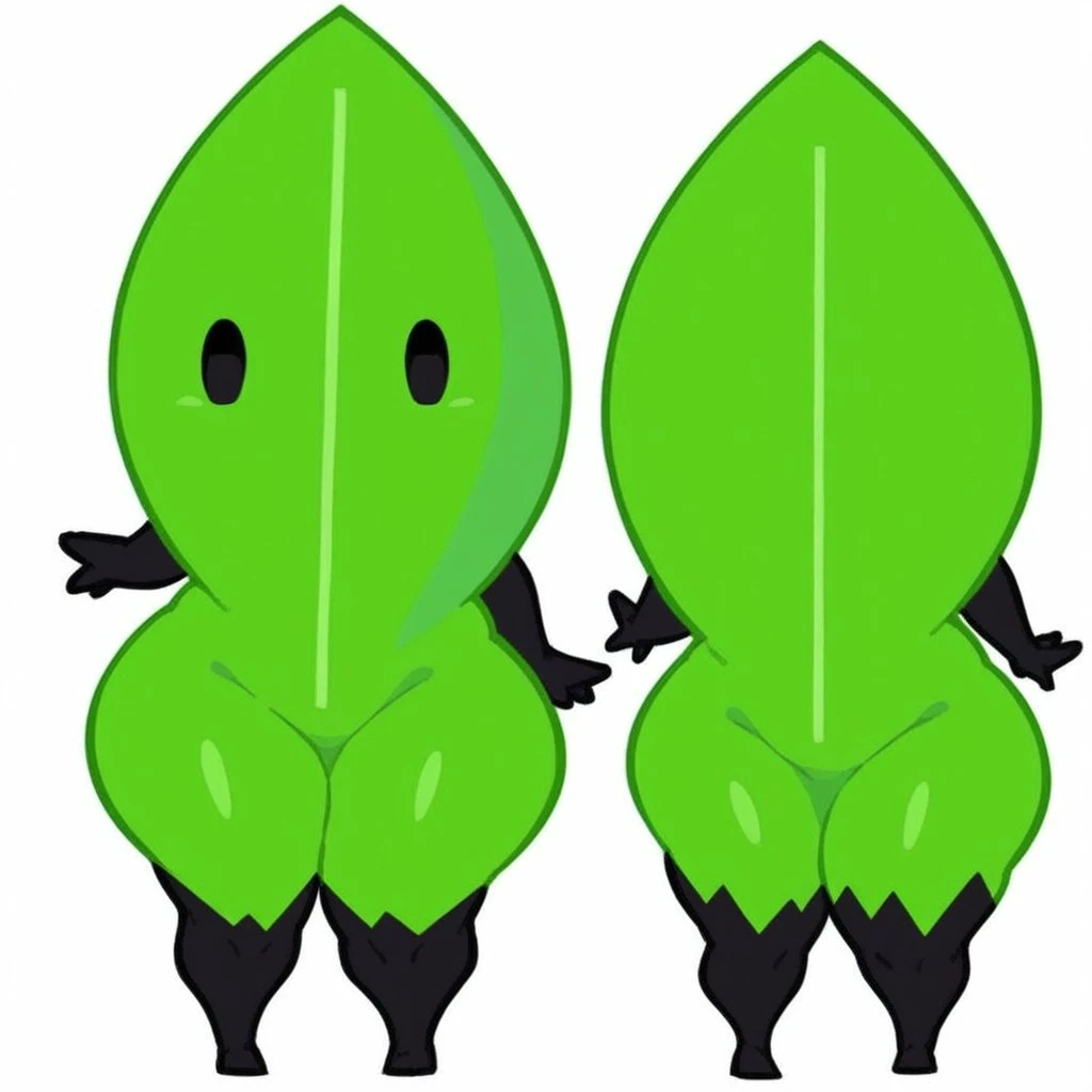 masterpiece, score_9, score_8_up, black outlines, cartoon style, minimalist design, LeaaffBfdi, full body, standing, digital art, 1girl, solo, female focus, anthropomorphic leaf,  from front, standing, leaf-shaped character, no humans, thick thighs, wide waist, huge thighs, black limbs, black arms, black legs, smooth green skin, bright highlights, central vein detail on leaf, dotted eyes, black eyes, cute expression, vibrant and clean colors, cheerful design, no clothing, white background
