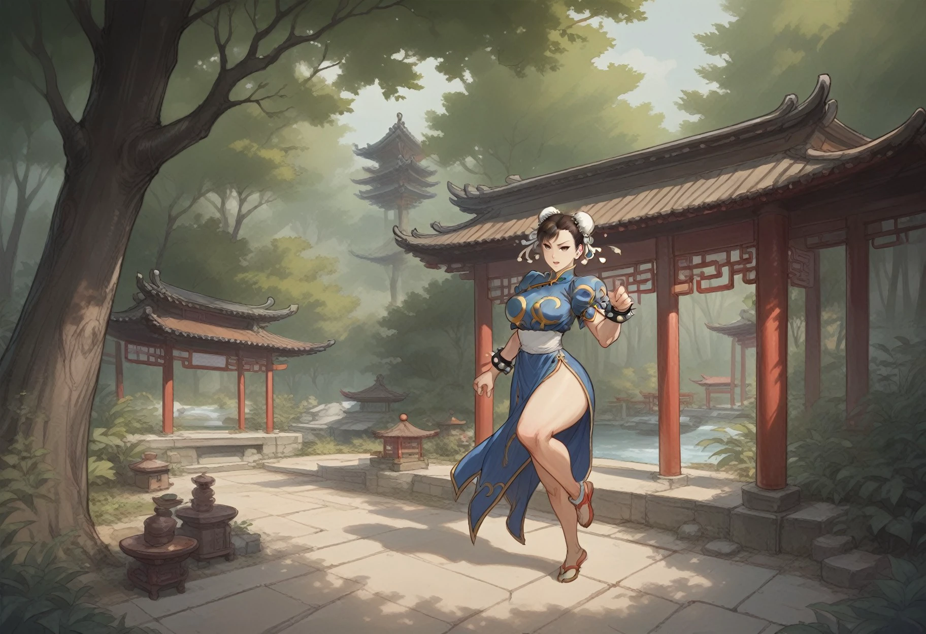 (chun-li), action pose, standing on one leg, large breasts, wide hips, 1girl, solo, tradchn, shrine, building, outdoors, east asian architecture, forest, plants, clutter, depth of field, score_9, score_8_up, score_7_up, score_6_up, <lora:tradchn:0.7>  <lora:enrico_marini_pony:0.7> <lora:Expressive_H:0.5>