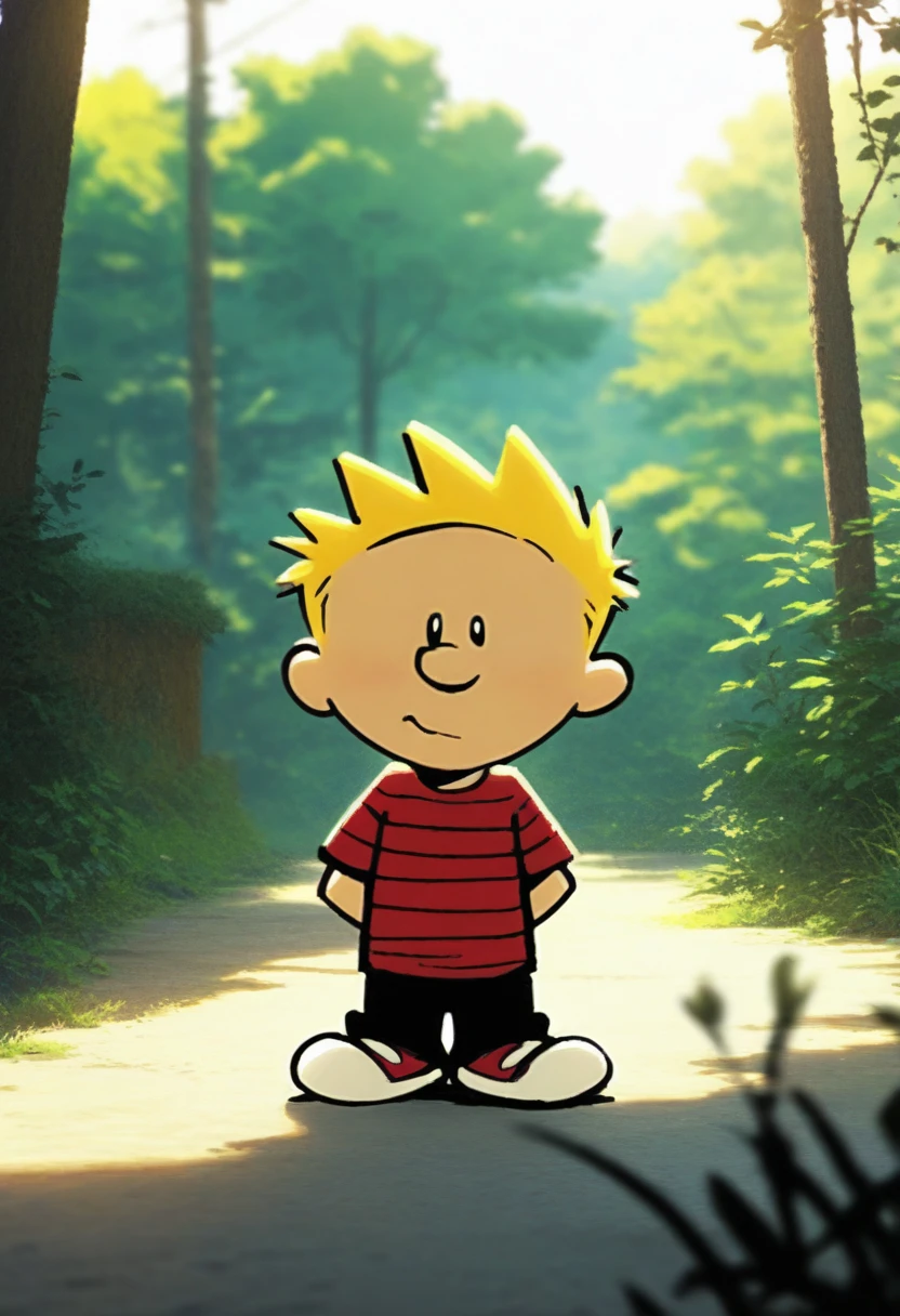 <lora:Calvin-Illustrious:1>,calvinah, 1boy, male focus, solo, blonde hair, chibi, red and black striped shirt,black pants,red and white shoes, full body,(Male:1.6),
BREAK,
day, light environment, backlighting, glowing, male child focus, full body, looking up at viewer, expressive face, child, blurry outside, forrest,scenery, intricately detailed illustration, masterpiece,best quality,amazing quality,very aesthetic,