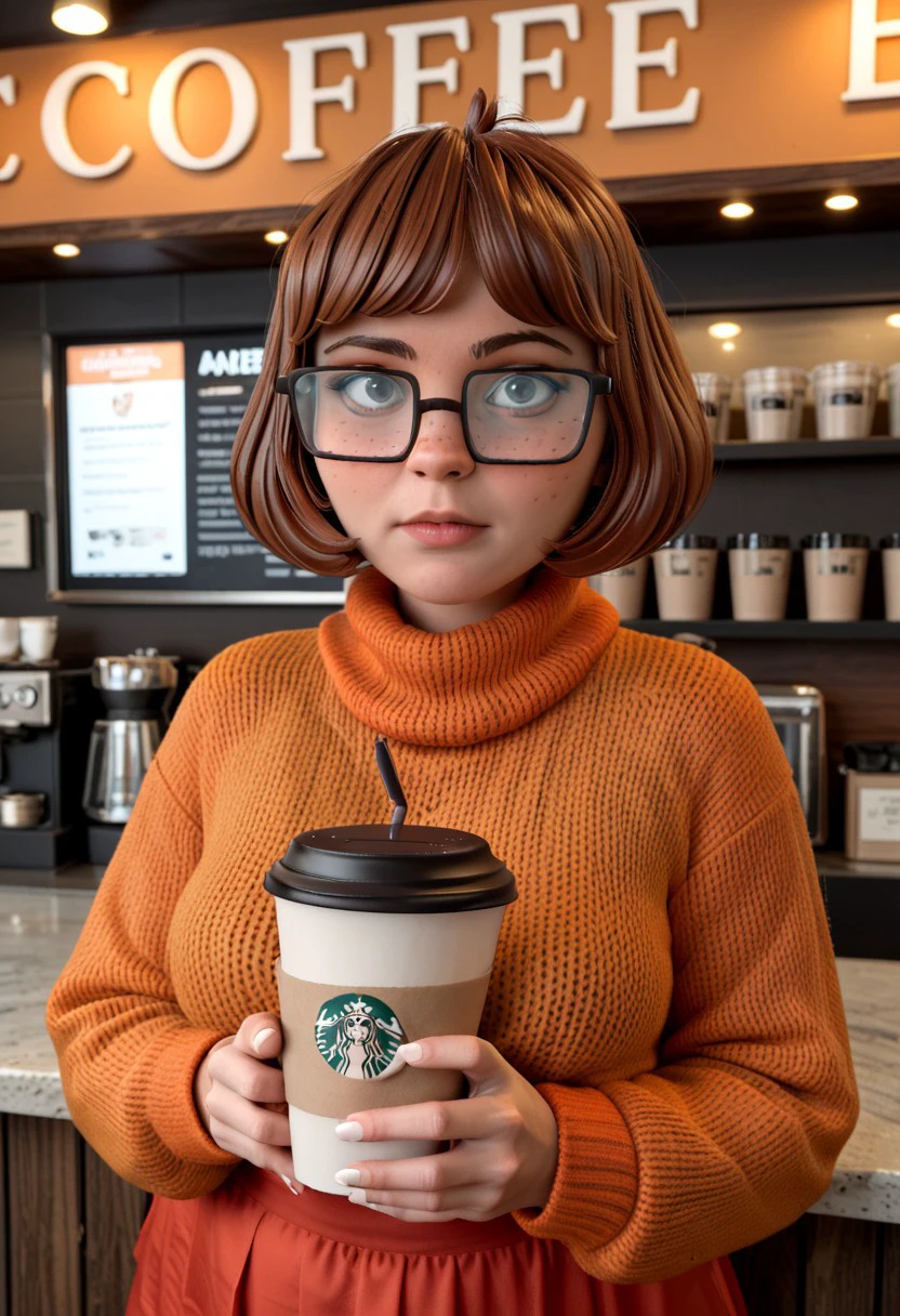 score_9, score_8_up, score_7_up Velma Dinkley age 27 orange sweater glasses freckles short skirt, drinking coffee in a coffee shop