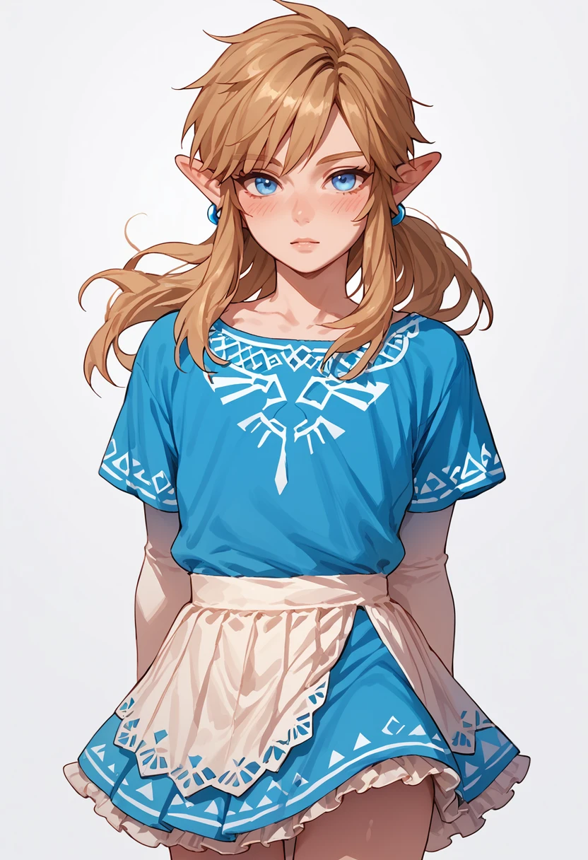 score_9, score_8_up, score_7_up, score_6_up, score_5_up, score_4_up, source_anime,
link, solo, femboy, pointy ears, blue eyes, 1boy, femboy, looking at viewer, blush, crossdressing, long hair, bangs, skirt