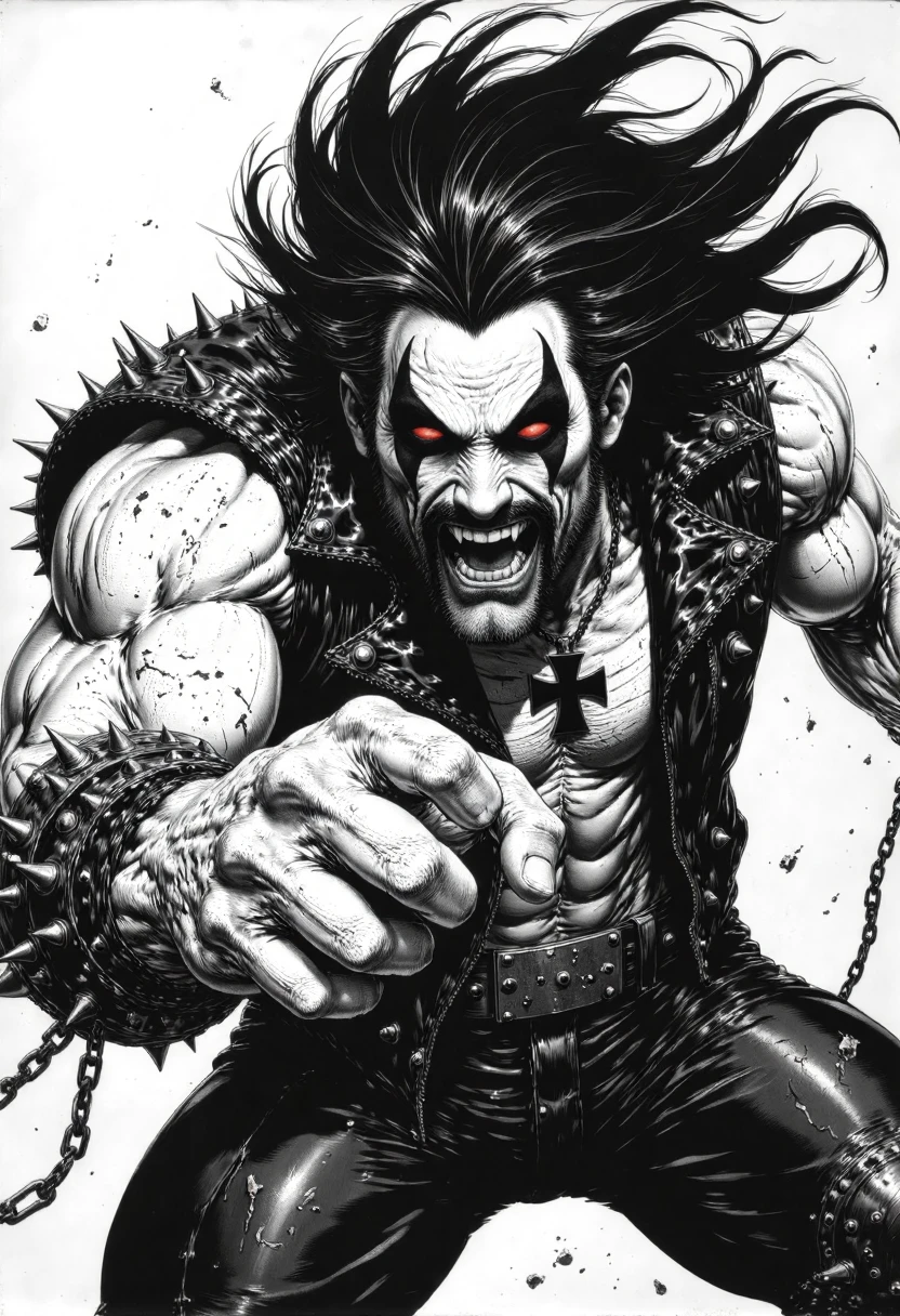 in a black and white pencil drawing style, it features L0b0Dc man, menancing appearance, sharp fangs, His long black messy hair at wind, his eyes are an intense and his long fangs are frightening, matching the environment that surround him, he is dressed in a sleeveless leather jacket with metal spikes, showing his huge muscular build and white pale white skin, he wears a cross pendant and has chains around his forearm. L0b0Dc man dominating the foreground. His extended arm punches the viewer. The background is plain white, His face is serious, open mouth yelling. The scene is stylized with high contrast from black and white for dramatic effect. The focus should be on the character's intense expression and the imminent impact of his formidable, weaponized fist., B&W, l1n0c2t<lora:CustomFlux/L0b0Dc.safetensors:1.0:1.0> <lora:Flux/Wraith_BW_Flux.safetensors:0.3:0.3> <lora:Flux/Linocut - s1 g4.safetensors:0.3:0.3>