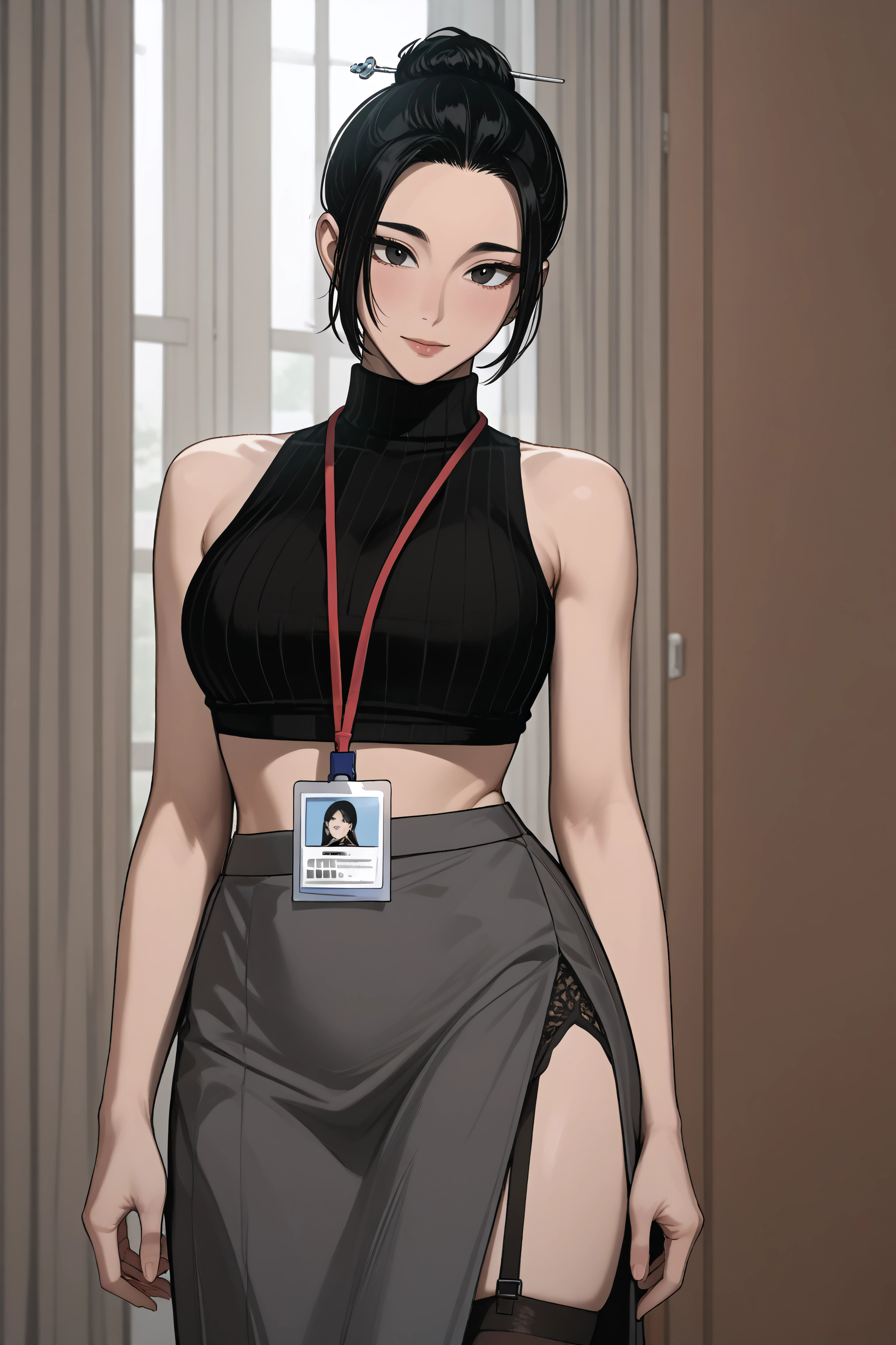 score_9, score_8_up, score_7_up, score_6_up, source_anime, BREAK, <lora:Han Gayoon-PonyXL-lora-Faxtron:1> han gayoon, black eyes, black hair, single hair bun,  <lora:0897 Home wear 3_v1_pony:1> ruanyi0897,black thighhighs,garter straps,turtleneck,id card,lanyard,grey skirt,crop top,black sleeveless sweater,long skirt,,