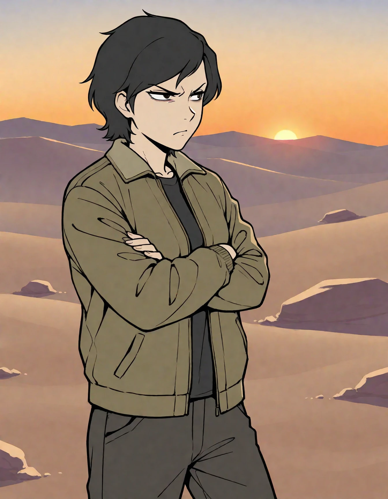 masterpiece,best quality,1girl,taliana, <lora:TalianaIllustrious:0.65>,jacket,pants,short hair,black hair,crossed arms,scowling,outdoors,desert,cowboy shot,sunset,flat color