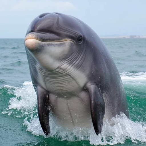 its sleek body glistening with water droplets. Its streamlined shape is evident, a large, creating a dramatic splash. The subject is a dolphin leaping out of the sea, greenish-blue water., revealing a pinkish tongue and teeth, dark gray skin with a lighter gray belly. Water droplets are splashing around it, slightly upturned nose. Its eyes are dark and small, a sleek and streamlined marine mammal