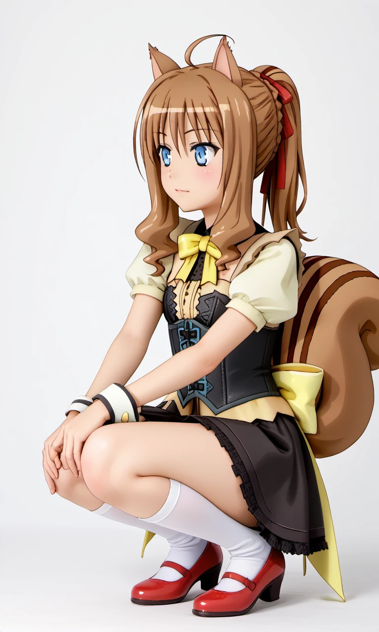squatting, full body, Kuberu, 1girl, blue eyes, brown hair, ahoge, hair ribbon, squirrel ears, squirrel tail, detached cuffs, short puffy sleeves, bow, dress, corset, black pleated skirt, white kneehighs, red shoes