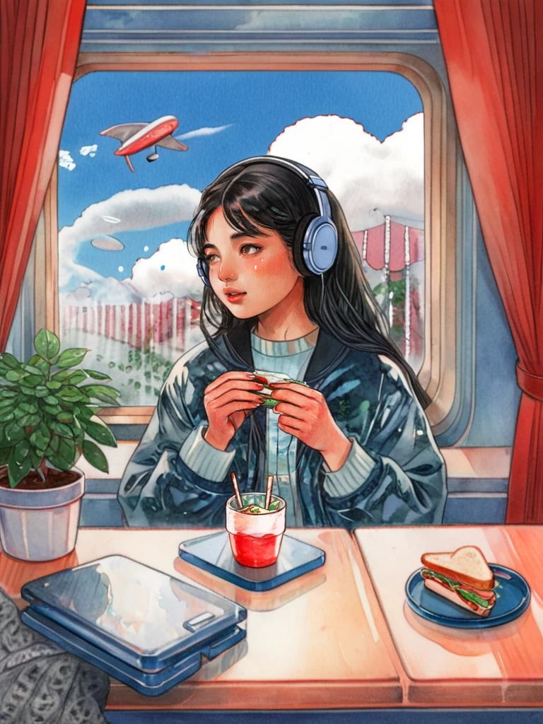 water color, 1girl, headphones, solo, cup, holding, sandwich, window, cloud, plant, Sweater Jacket, black hair, long hair, traditional media, red eyes, curtains, long sleeves, sky, jewelry,watercolor,texture,