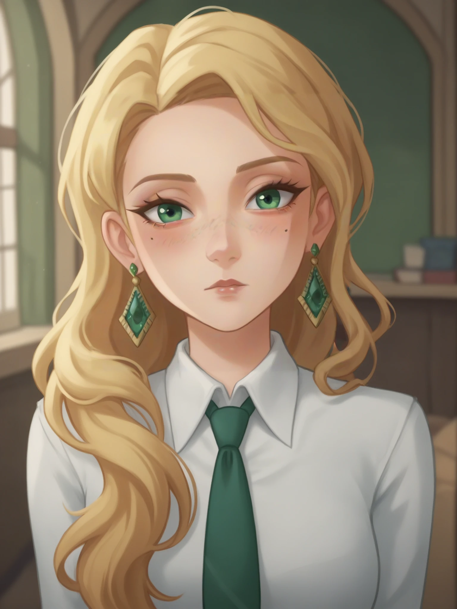 1girl, looking at viewer, uncensored, score 9 up, score 8 up,
 <lora:Harry_Potter_Magic_Awakened_Cassandra_Vole_Character_PonyXL:.6>, blonde hair, long hair, jewelry, green eyes, earrings, long sleeves, hogwarts school uniform, hair over shoulder, white shirt, collared shirt, indoors, green ribbon, blush, green necktie, makeup, mole under eye, freckles, eyelashes, wavy hair