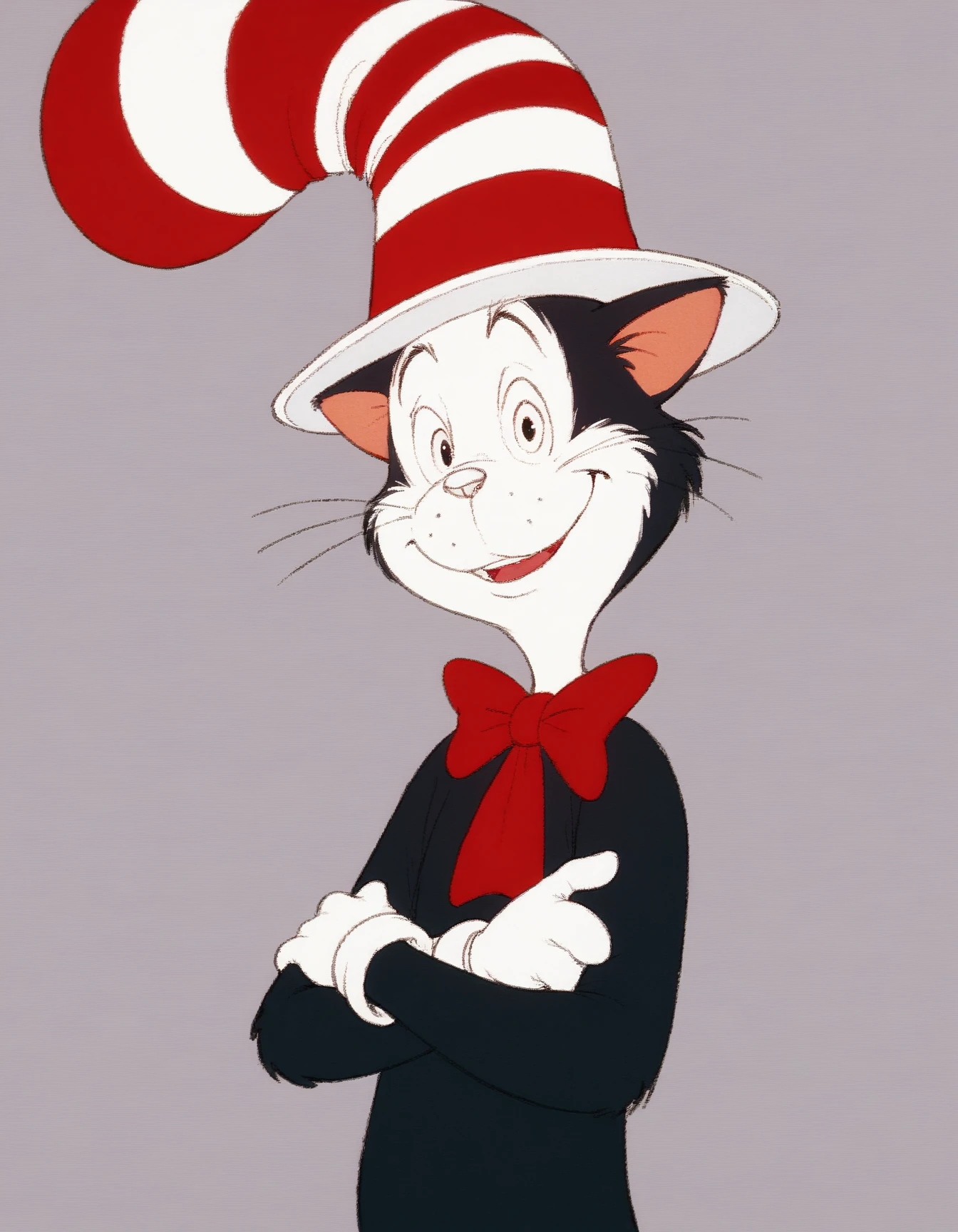 score_9, score_8_up, score_7_up, score_6_up, cartoonish and mischievous nature of the character
k1t1nTh3Hat1971,whimsical anthropomorphic cat, black fur, white face, red-and-white striped hat, red bow, cat ears, white nose, white gloves, black eyes, gradient background, looking at viewer, crossed arms
<lora:k1t1nTh3Hat1971_XL:0.9>