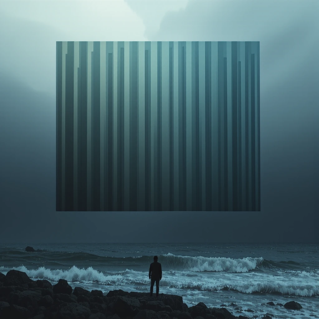 Alternating light and dark bars that create a floating effect as if each layer is suspended in space., A lone figure standing at the edge of a stormy sea