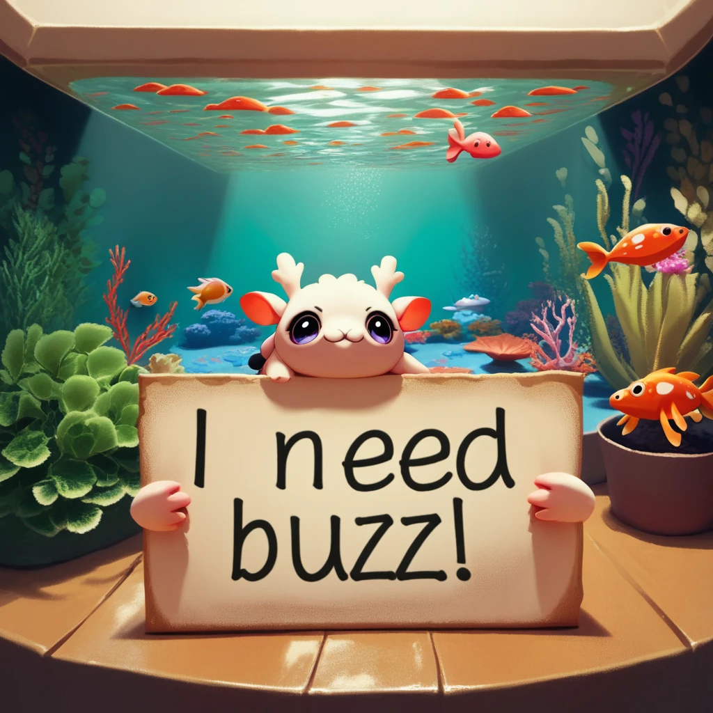 score_9, score_8, score_7_up, need_buzz, holding sign, axolotl, cute, aquarium, no humans