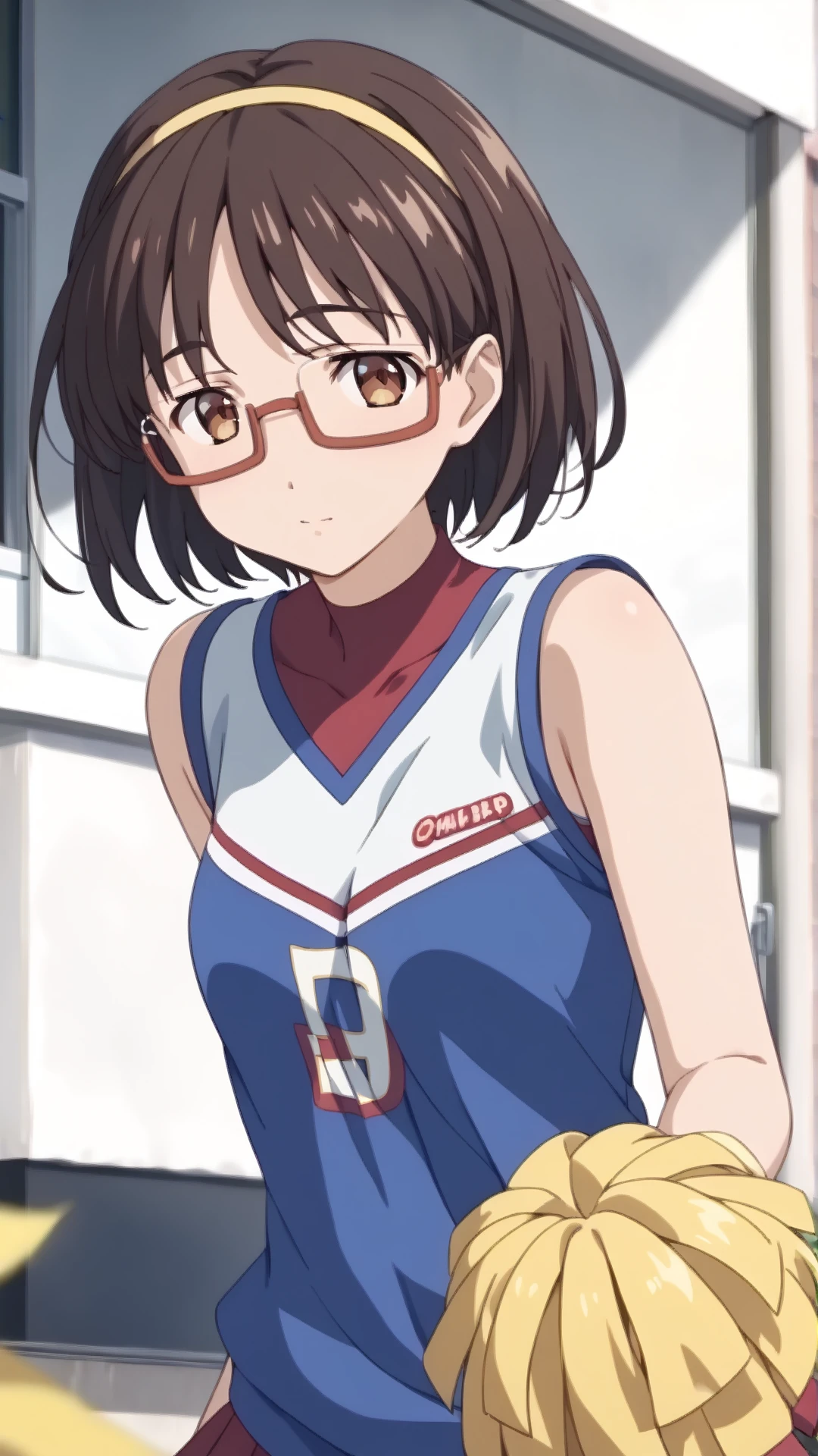 score_9, score_8_up, score_7_up, BREAK source_anime, rating_safe, best quality, masterpiece, uncensored, 1girl,  <lora:Joanna_gunsword_pony_v1.0:1>J0an2a,short hair,brown hair,brown eyes,glasses,semi-rimless eyewear, hairband,cheerleader