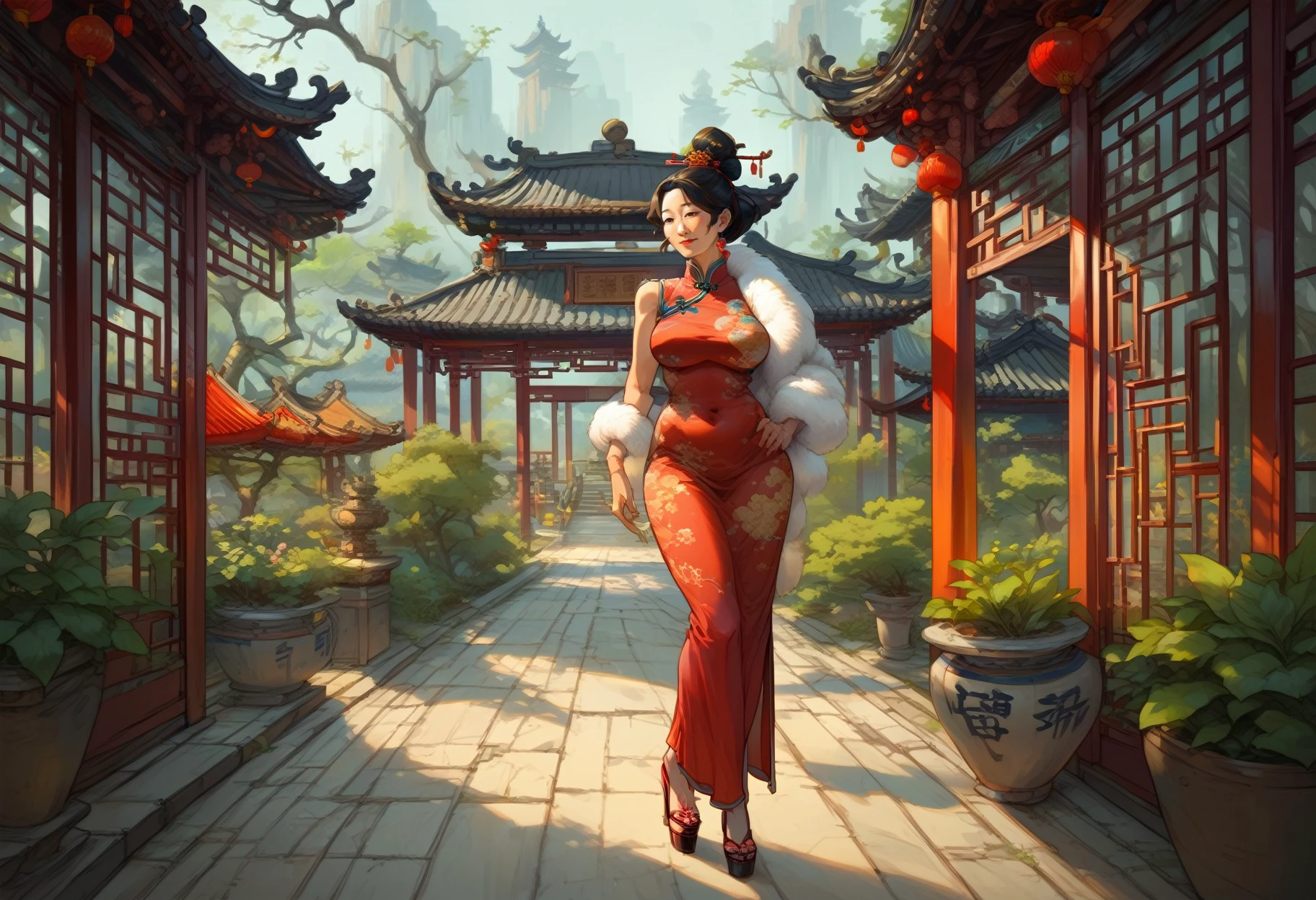 tradchn, scenery, 1girl, solo, ((close-up of mature chinese milf, qipao, Long Fur coat around shoulders, elegant, alluring, platform Heels)), in garden, east asian architecture, depth of field, dynamic angle, score_9, score_8_up, score_7_up, score_6_up, <lora:ThePit_Style_PonyXL_Final:0.2> <lora:cutesexyrobutts_style_pdxl_v3:0.5> <lora:tradchn:0.85>