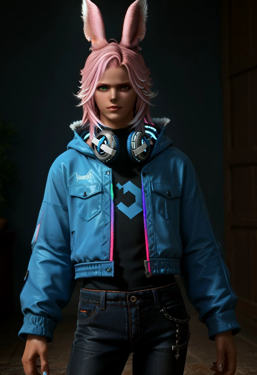 PonyXLV6_Scores BREAK Khris Tia, 1boy, solo, animal ears, heterochromia, pink hair, two tone hair, white hair, green eyes, red eyes, rabbit ears, dark skin, viera, dark-skinned male, headphones, jacket, denim jeans  CityBG_PDXL