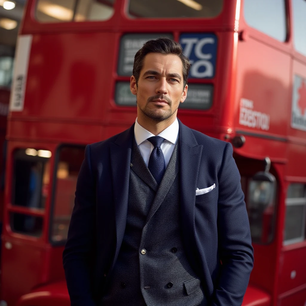 dgandy1, David Gandy a man in a suit and tie is standing in front of a red double decker bus, professional photography, photoshoot