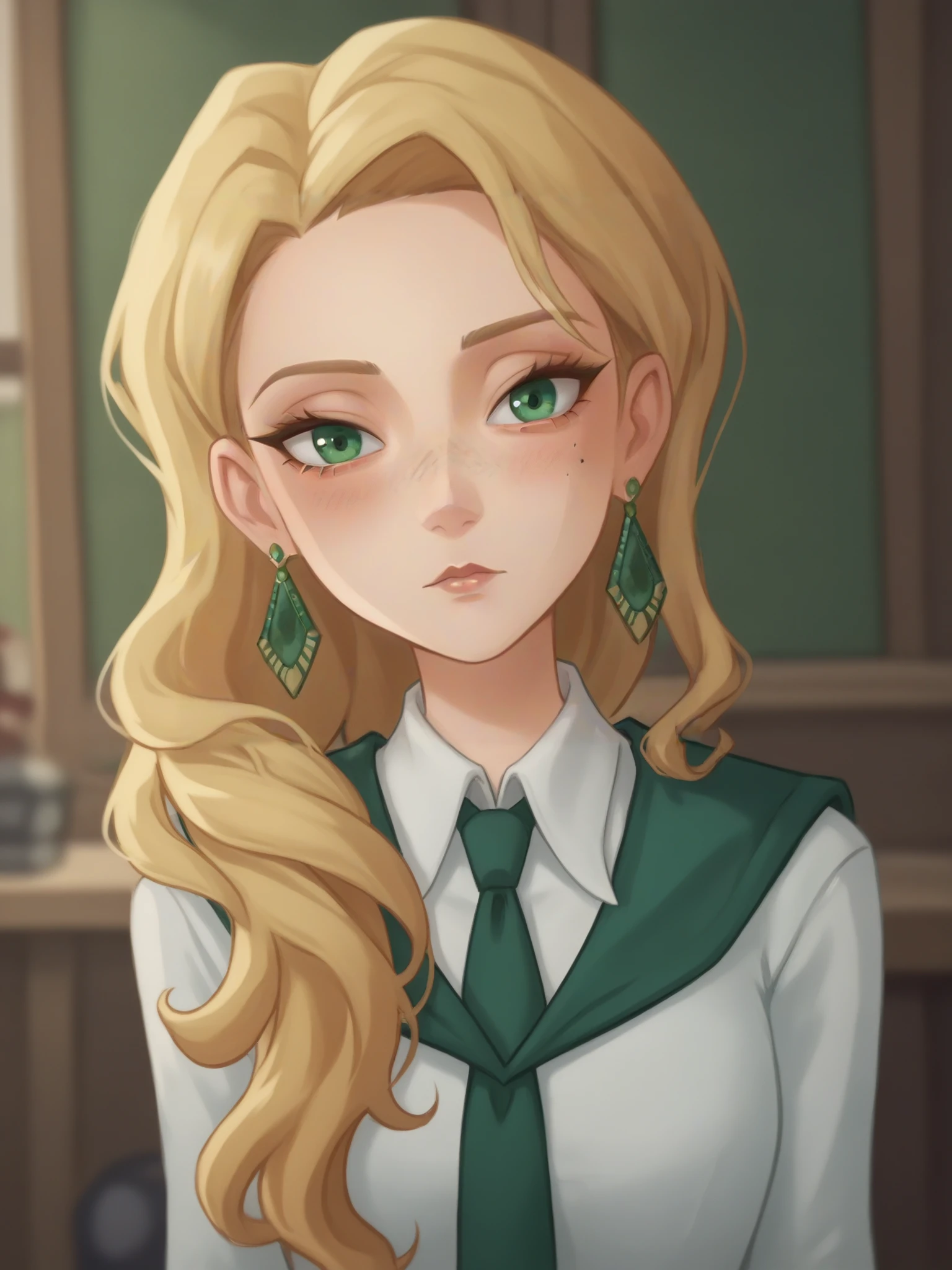 1girl, looking at viewer, uncensored, score 9 up, score 8 up,
 <lora:Harry_Potter_Magic_Awakened_Cassandra_Vole_Character_PonyXL:.7>, blonde hair, long hair, jewelry, green eyes, earrings, long sleeves, hogwarts school uniform, hair over shoulder, white shirt, collared shirt, indoors, green ribbon, blush, green necktie, makeup, mole under eye, freckles, eyelashes, wavy hair