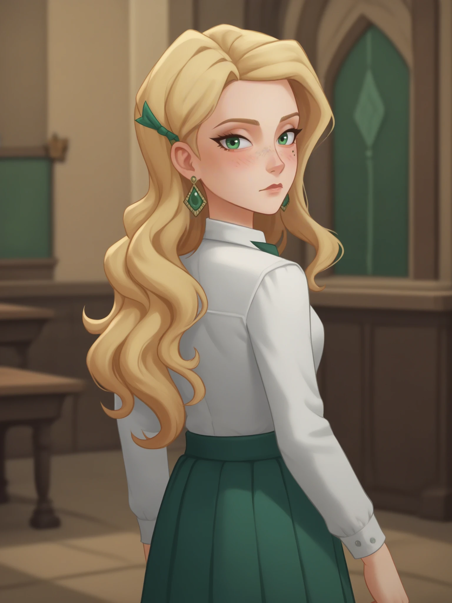 1girl, standing, looking back at viewer, uncensored, score 9 up, score 8 up,
 <lora:Harry_Potter_Magic_Awakened_Cassandra_Vole_Character_PonyXL:.6>, blonde hair, long hair, jewelry, green eyes, earrings, long sleeves, hogwarts school uniform, hair over shoulder, white shirt, collared shirt, indoors, green ribbon, blush, green necktie, makeup, mole under eye, freckles, eyelashes, wavy hair