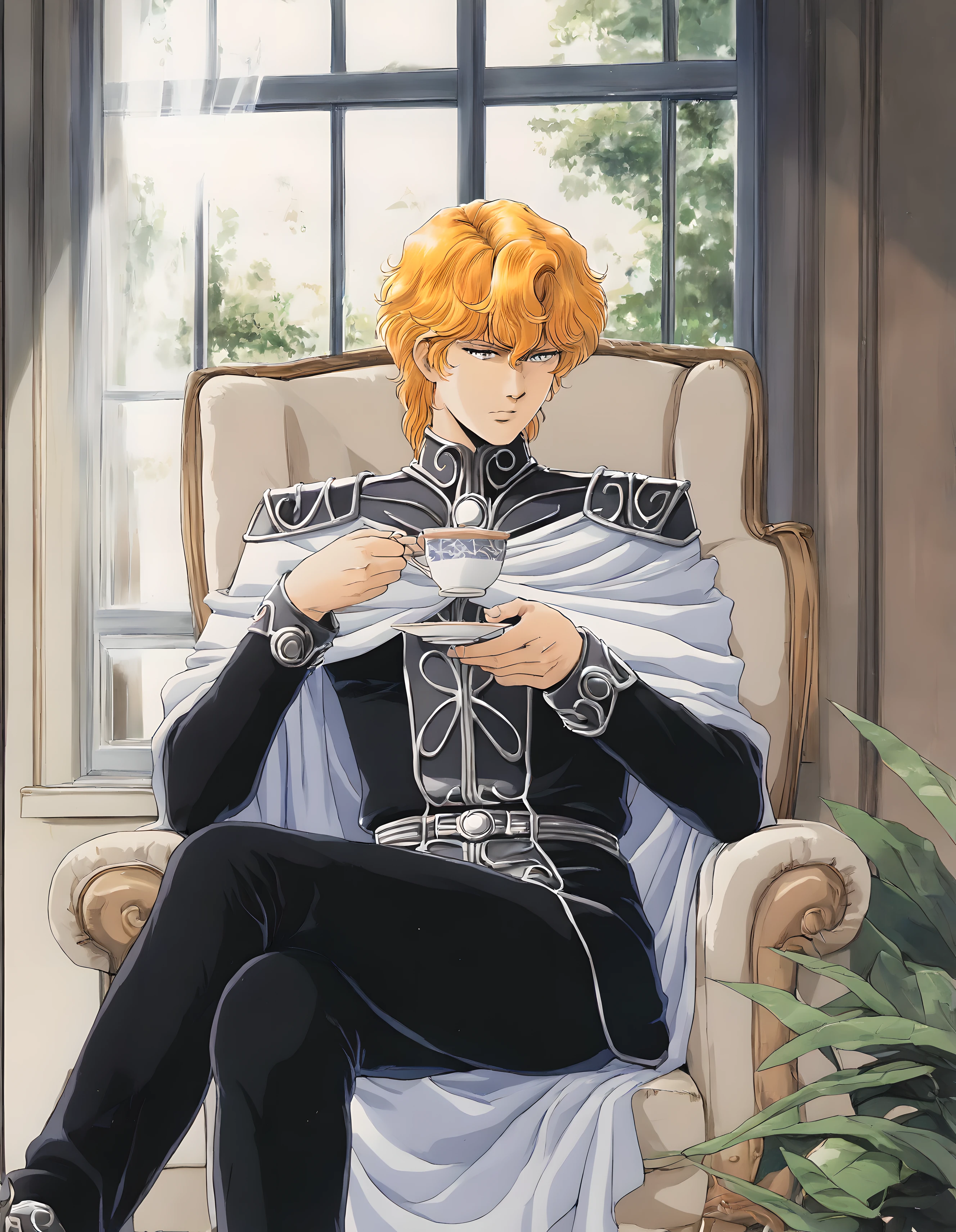 <lora:pony_xl_Reinhard:0.8>,Reinhard,score_9,score_8_up,male,1boy,solo,long hair,male focus,star \(sky\),uniform,white cape,epaulettes,military,military uniform,sitting,window,parody,looking_at_viewer,cowboy_shot,smirk,closed_mouth,wine,wine glass,night,