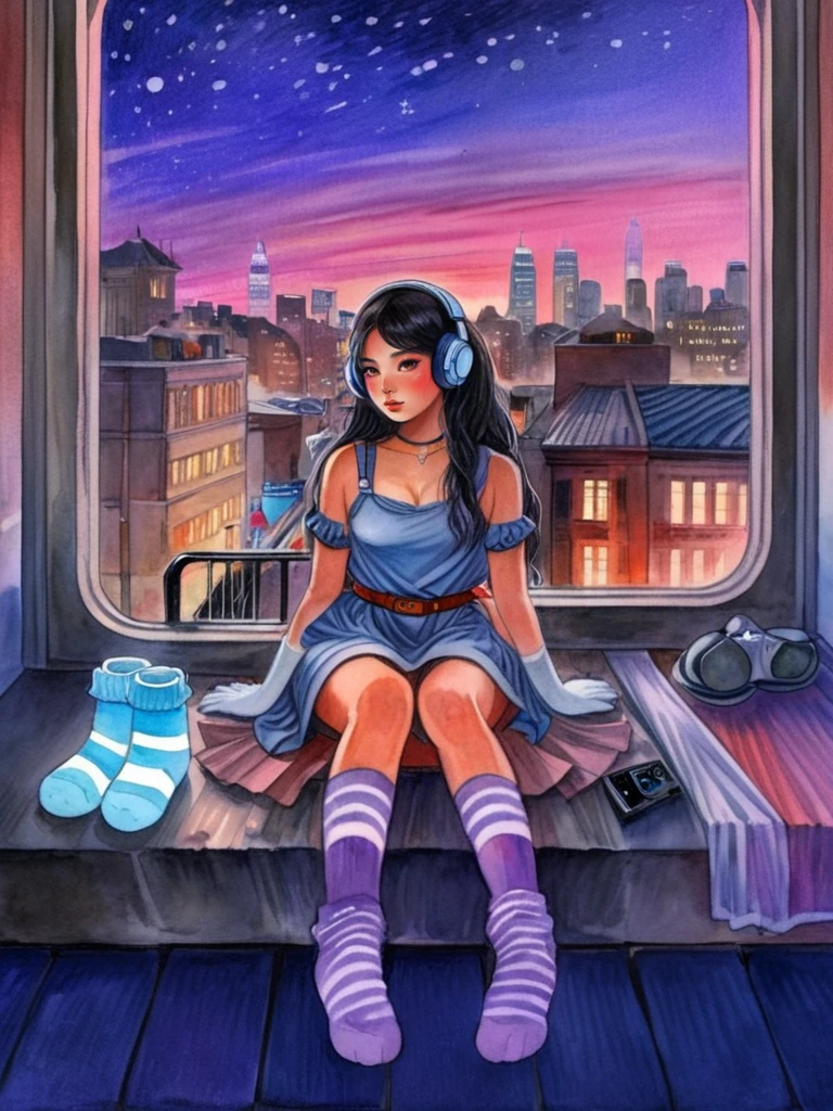 water color,1girl,solo,long hair,sitting,headphones,socks,gloves,cup,black hair,building,city,window,night,indoors,cat,dress,belt,watercolor,texture,