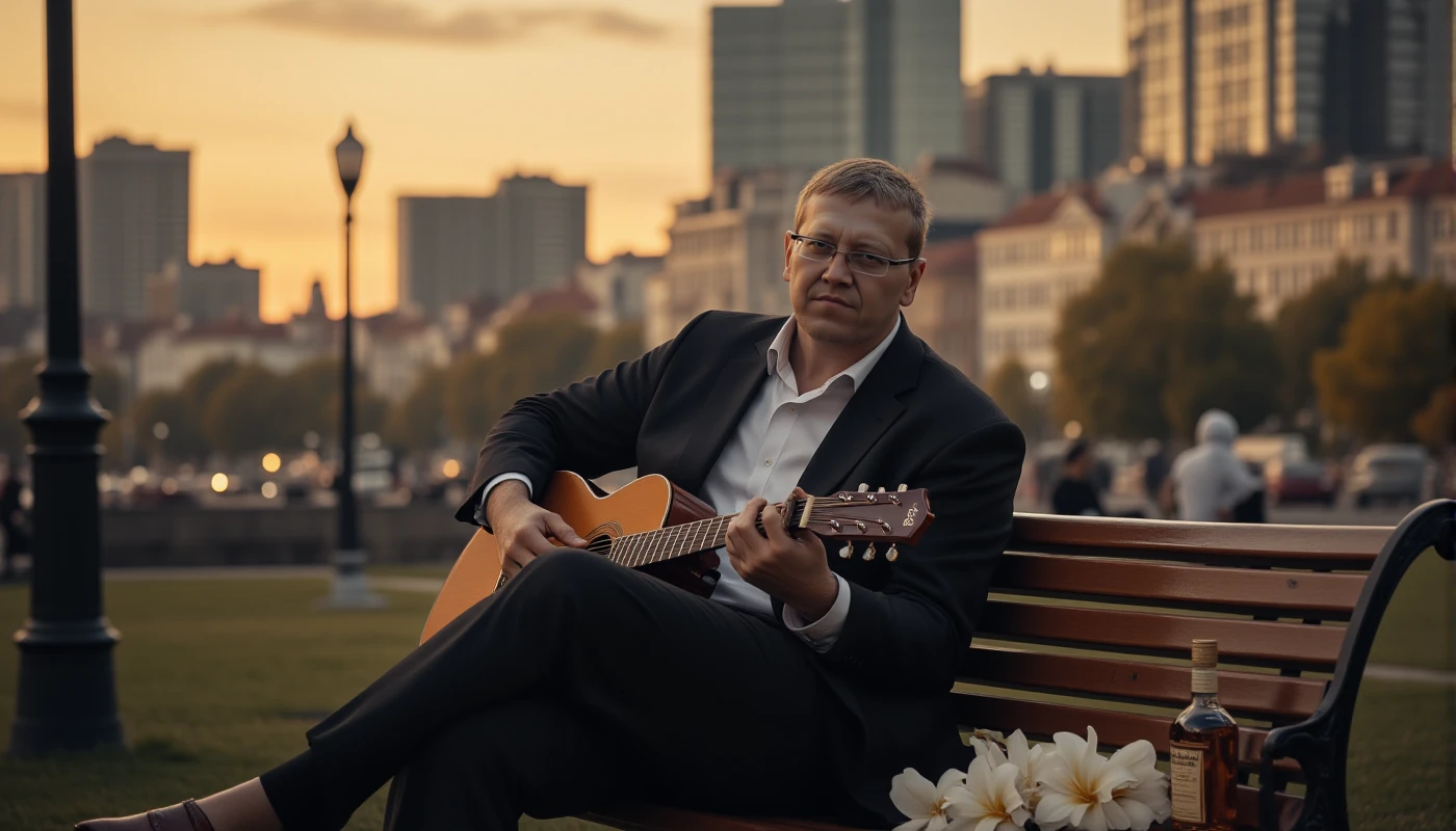 Create an image of a 35 year old man wearing glasses, normal build, not overweight, who looks thoughtful and sad. He is sitting on a park bench against the backdrop of a city landscape, perhaps in the evening, when the sky is painted in warm tones of sunset. The man is dressed stylishly, expensively, his facial expression reflects longing and nostalgia. In his hands he holds a guitar and plays it, on the bench lie lilies and a bottle of expensive whiskey, symbolizing his feelings. The atmosphere of the image should convey emotions of loneliness and regret, with an emphasis on internal struggle and the desire to start over, Realistic photography detailed skin texture, perfect complementarity of colors, masterpiece, best quality, <lora:RINTV_Flux:1.4>, <lora:aidmaMJ6.1v0.4:1>