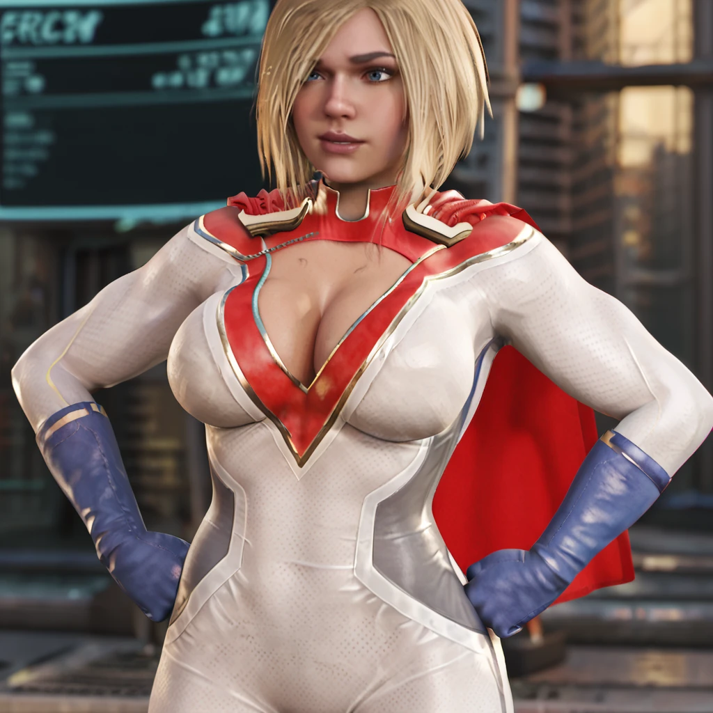 <lora:powergirlinjustice2_pony_v1:.9> PowerGirlInjustice2, 1girl, large breasts, cape, blonde hair, cleavage, gloves, white bodysuit, superhero, short hair, blue eyes, cowboy shot