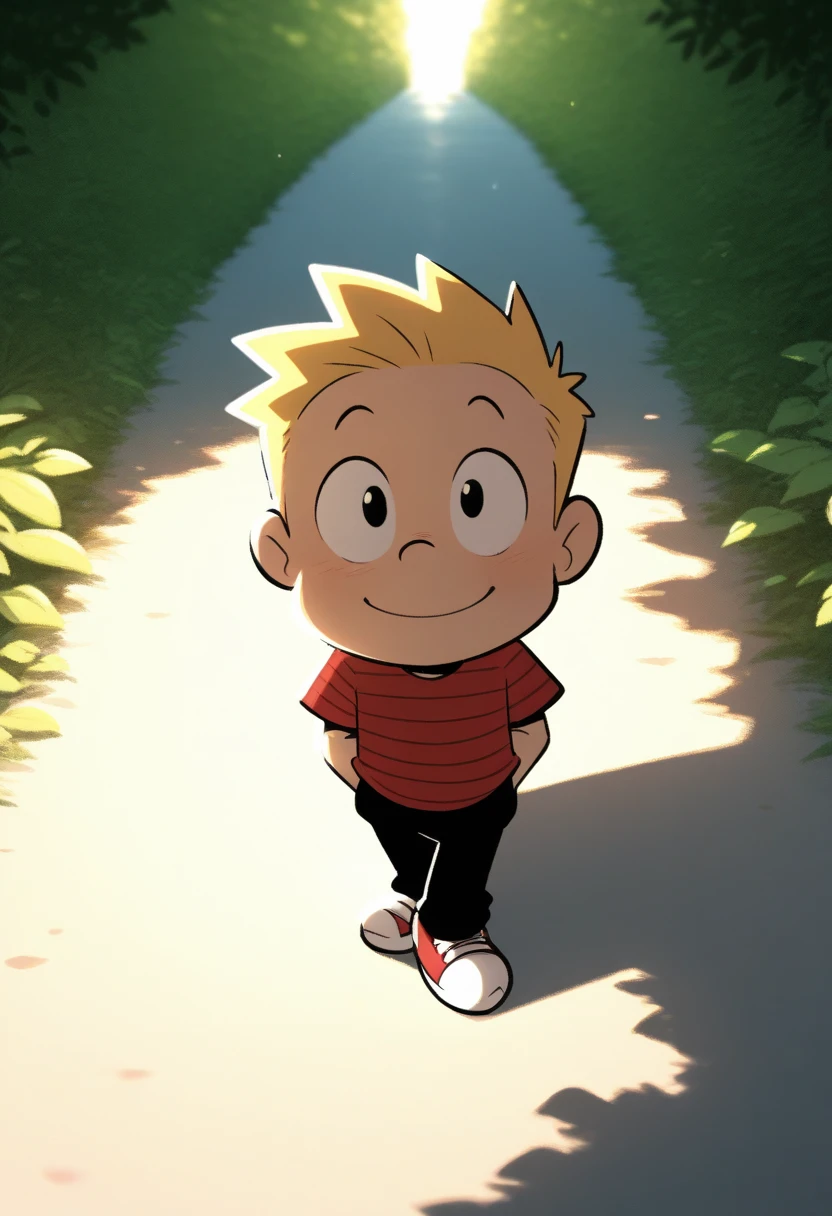 <lora:Calvin-Illustrious:0.5>,calvinah, 1boy, male focus, solo, blonde hair, chibi, red and black striped shirt,black pants,red and white shoes, full body,(Male:1.6),happy,standing, crossed legs,
BREAK,
day, light environment, backlighting, glowing, male child focus, full body, looking up at viewer, expressive face, child, blurry outside, forrest,scenery, intricately detailed illustration, masterpiece,best quality,amazing quality,very aesthetic,