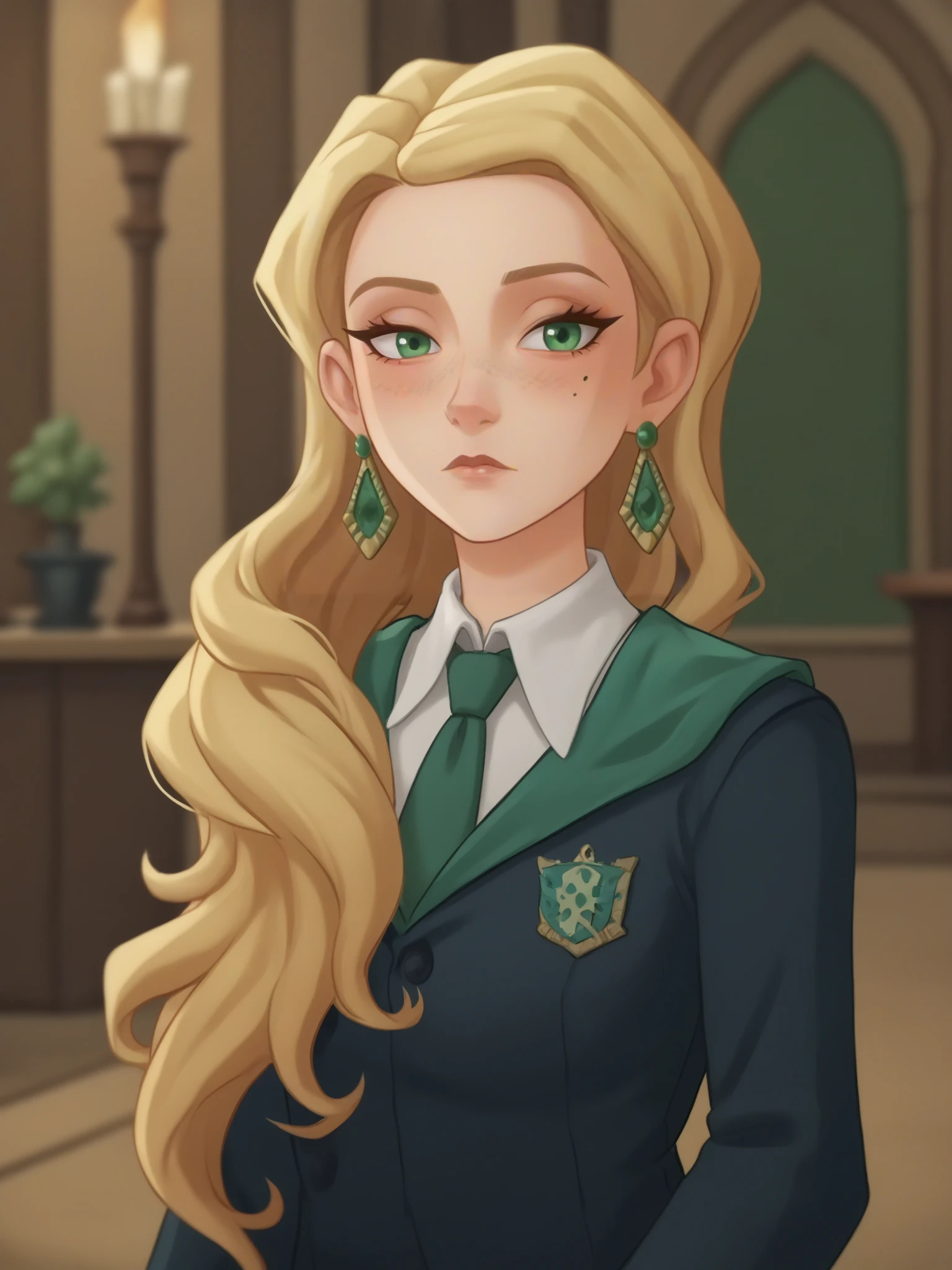 1girl, standing, looking back at viewer, uncensored, score 9 up, score 8 up,
 <lora:Harry_Potter_Magic_Awakened_Cassandra_Vole_Character_PonyXL:.7>, blonde hair, long hair, jewelry, green eyes, earrings, long sleeves, hogwarts school uniform, hair over shoulder, white shirt, collared shirt, indoors, green ribbon, blush, green necktie, makeup, mole under eye, freckles, eyelashes, wavy hair