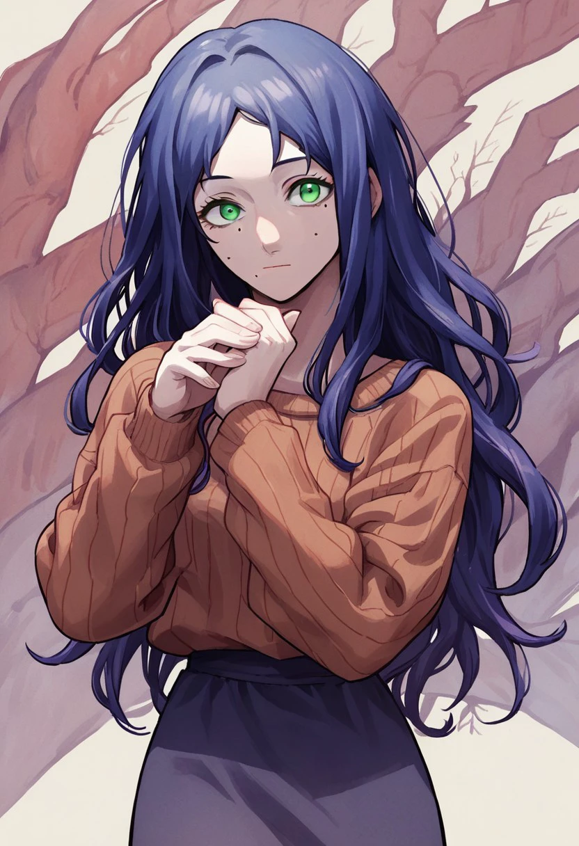 score_9,score_8_up,score_7_up,score_6_up,source anime BREAK, 1girl, stc, solo, long hair, purple hair, green eyes, mole, mole under eye, mole under mouth, sweater, dress, dynamic pose