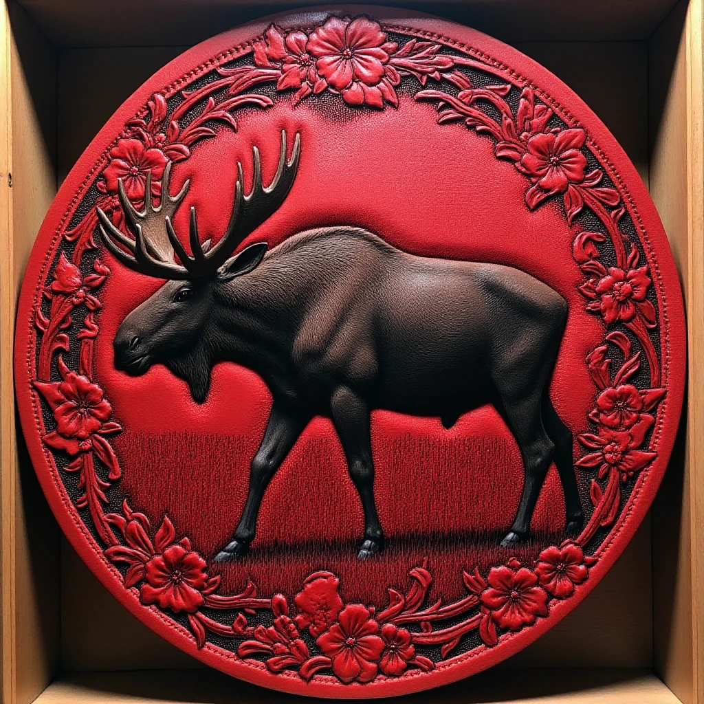 <lora:Leatherwork_FLUX:1> leatherwork, a large bull moose grazing in a field, highly detailed, expert tooling, highly decorated with flower border, embossed,  dark, worn leather, stained red, round piece of leather being displayed in a showcase